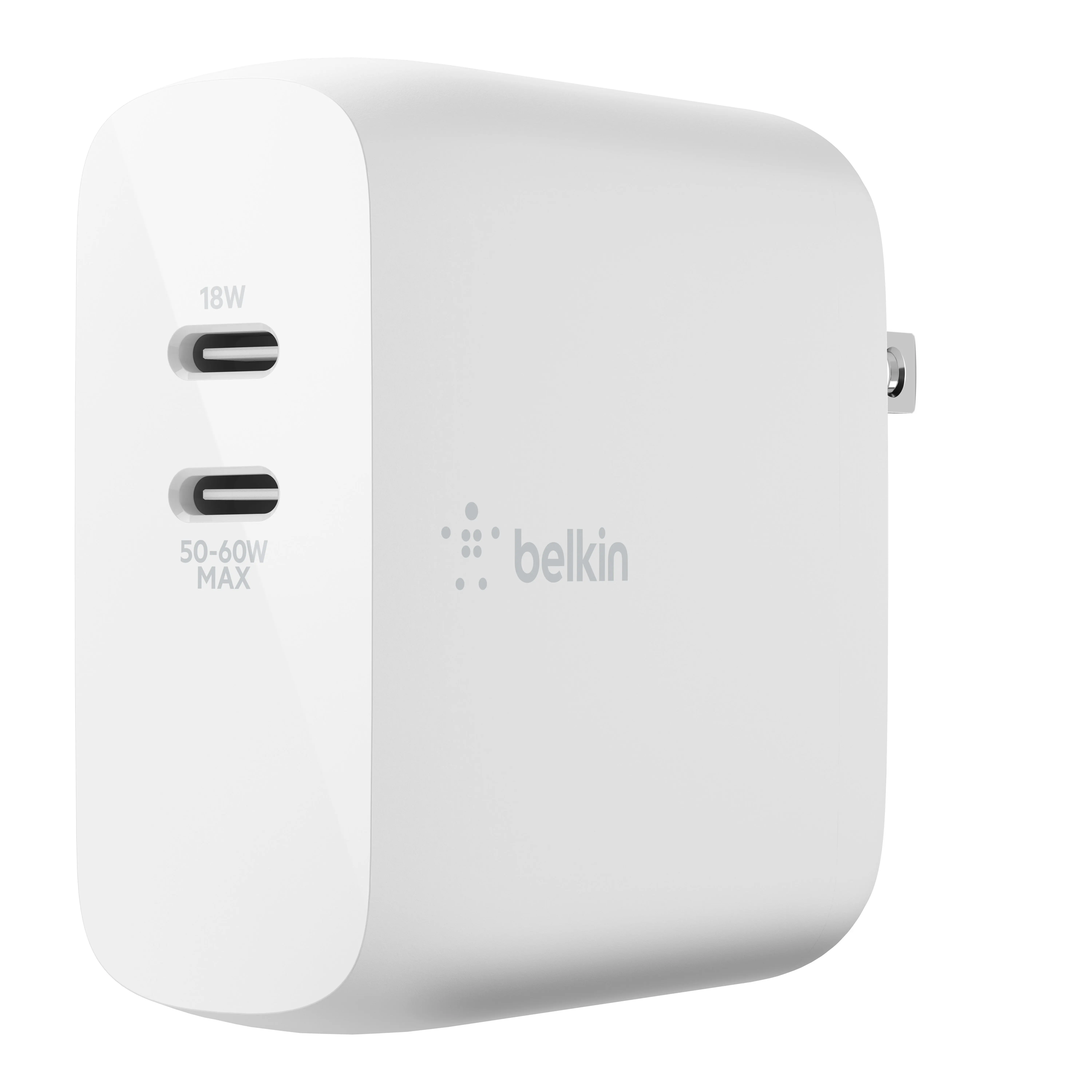 3D product rendering of Belkin dual USB-C wall charger with 60W power output