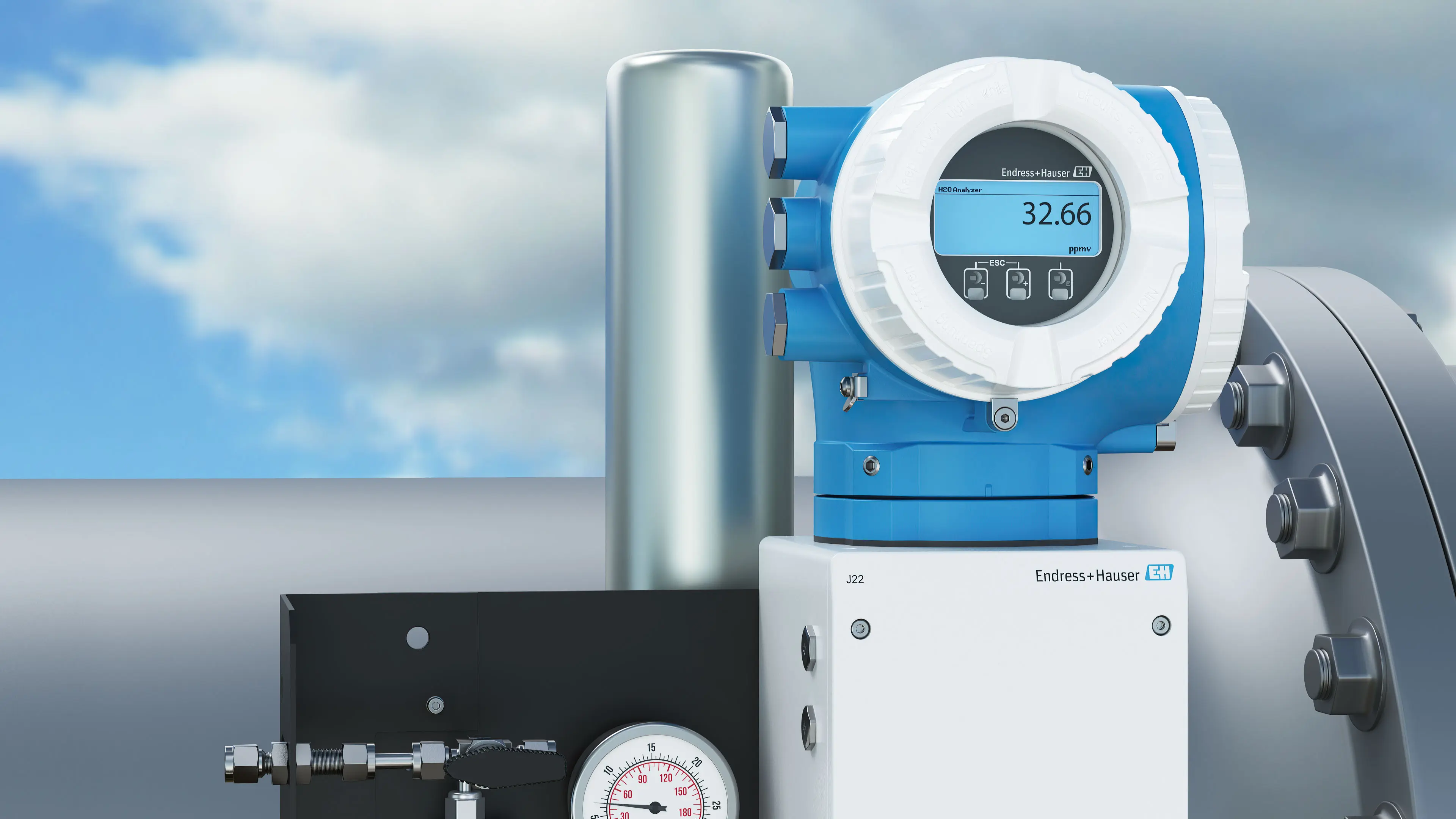 3D rendering of Endress+Hauser industrial gas analyzer with digital display in outdoor setting