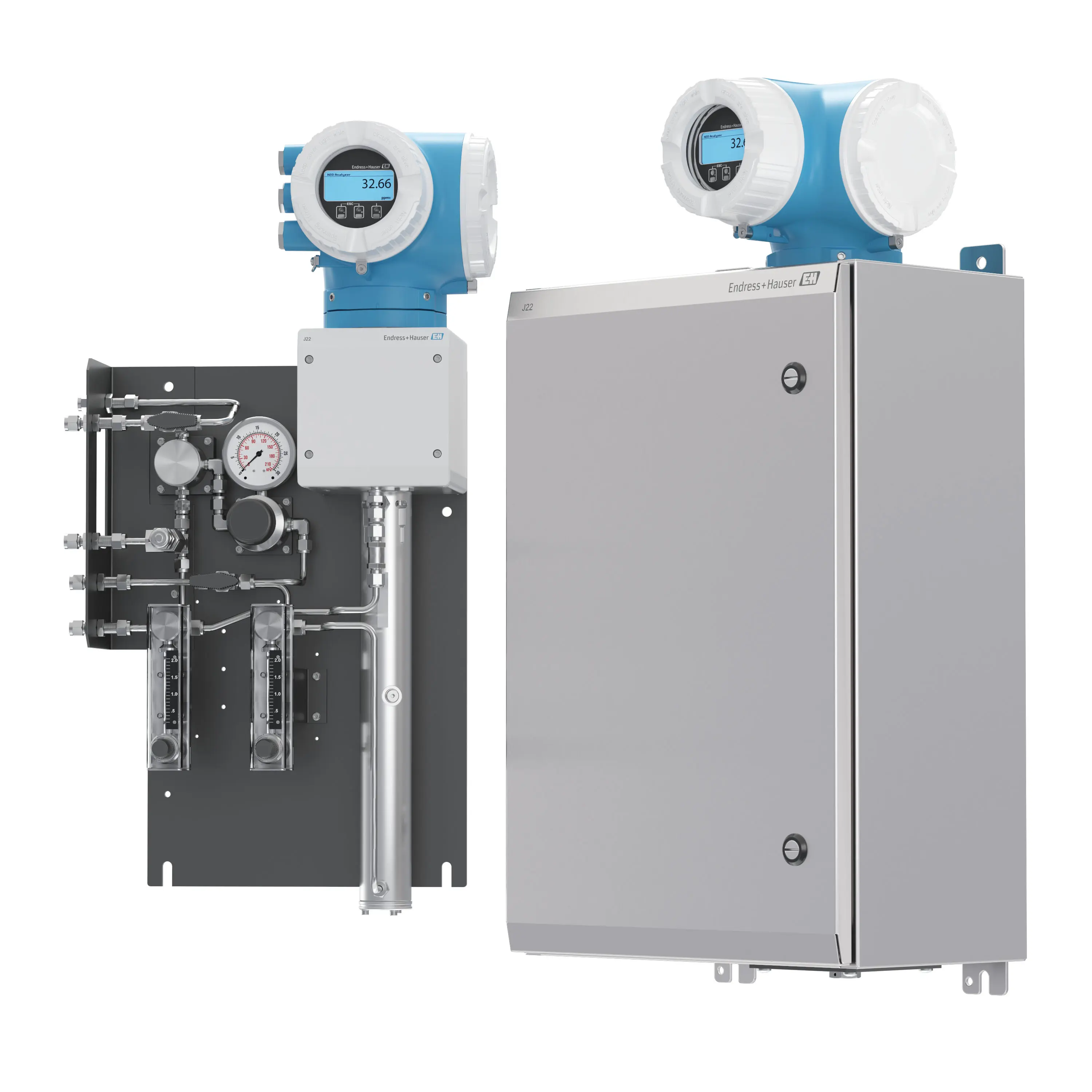 3D technical rendering of Endress+Hauser industrial gas analyzer system with dual enclosure panel