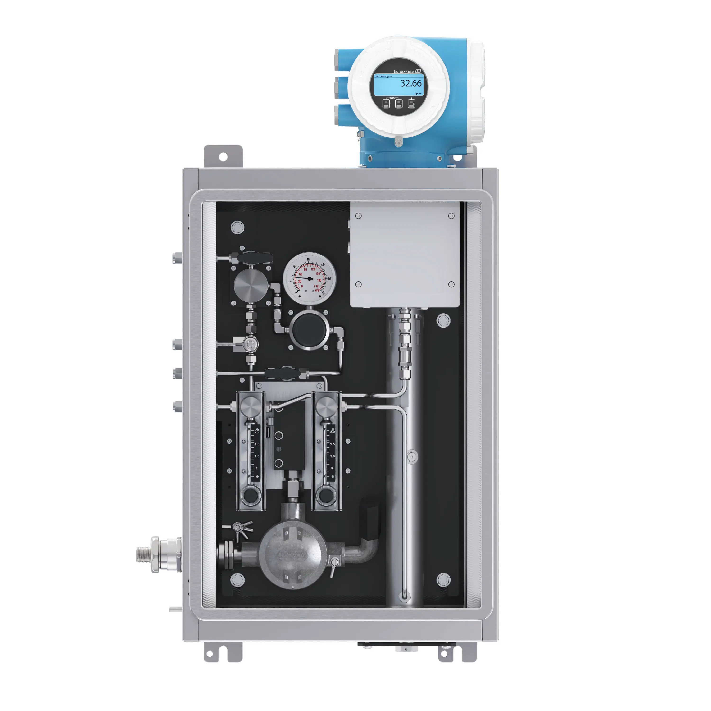 3D product rendering of industrial gas analyzer system with updated enclosure and flow controls