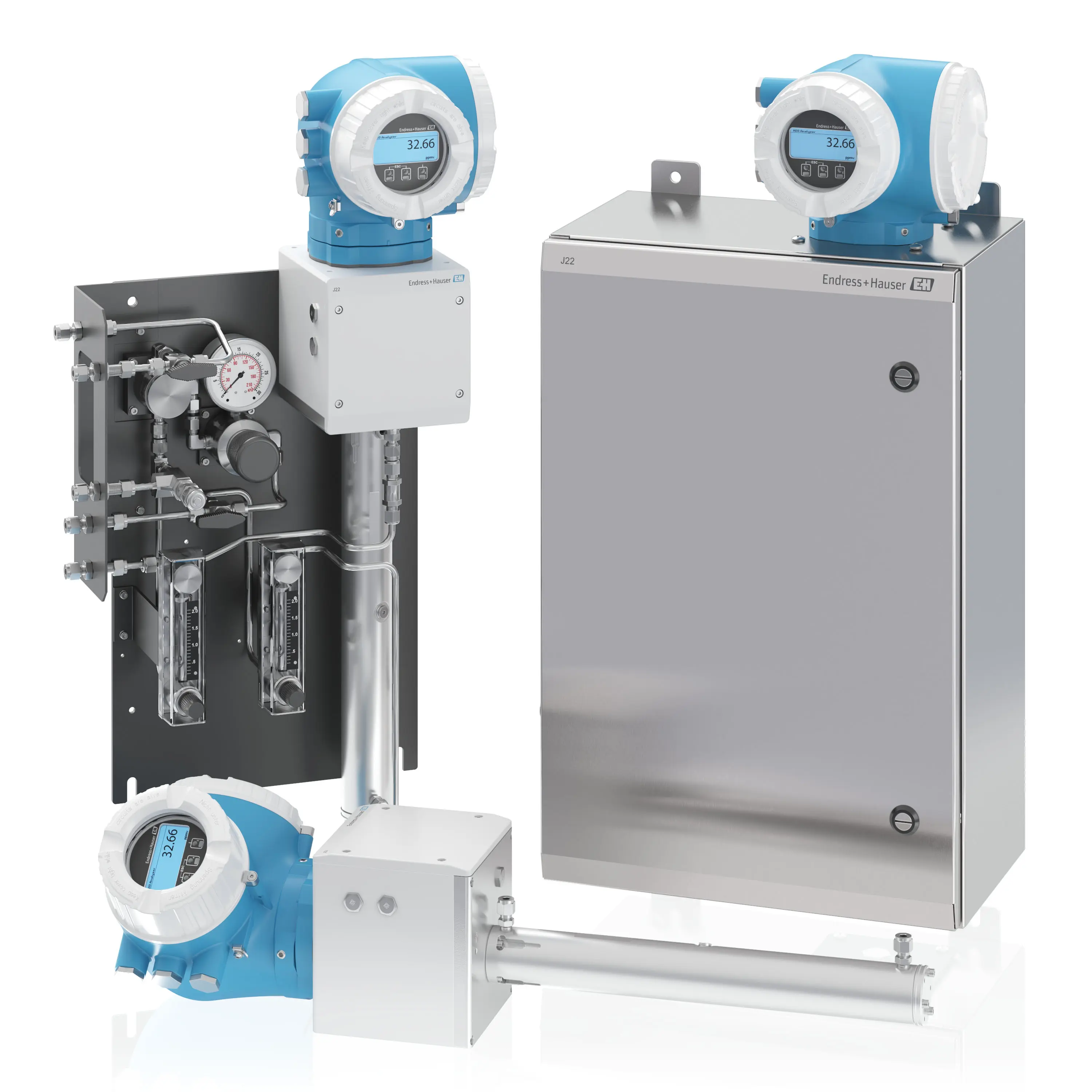 3D rendering of Endress+Hauser gas analyzer system with full panel, enclosure, and in-line sensor