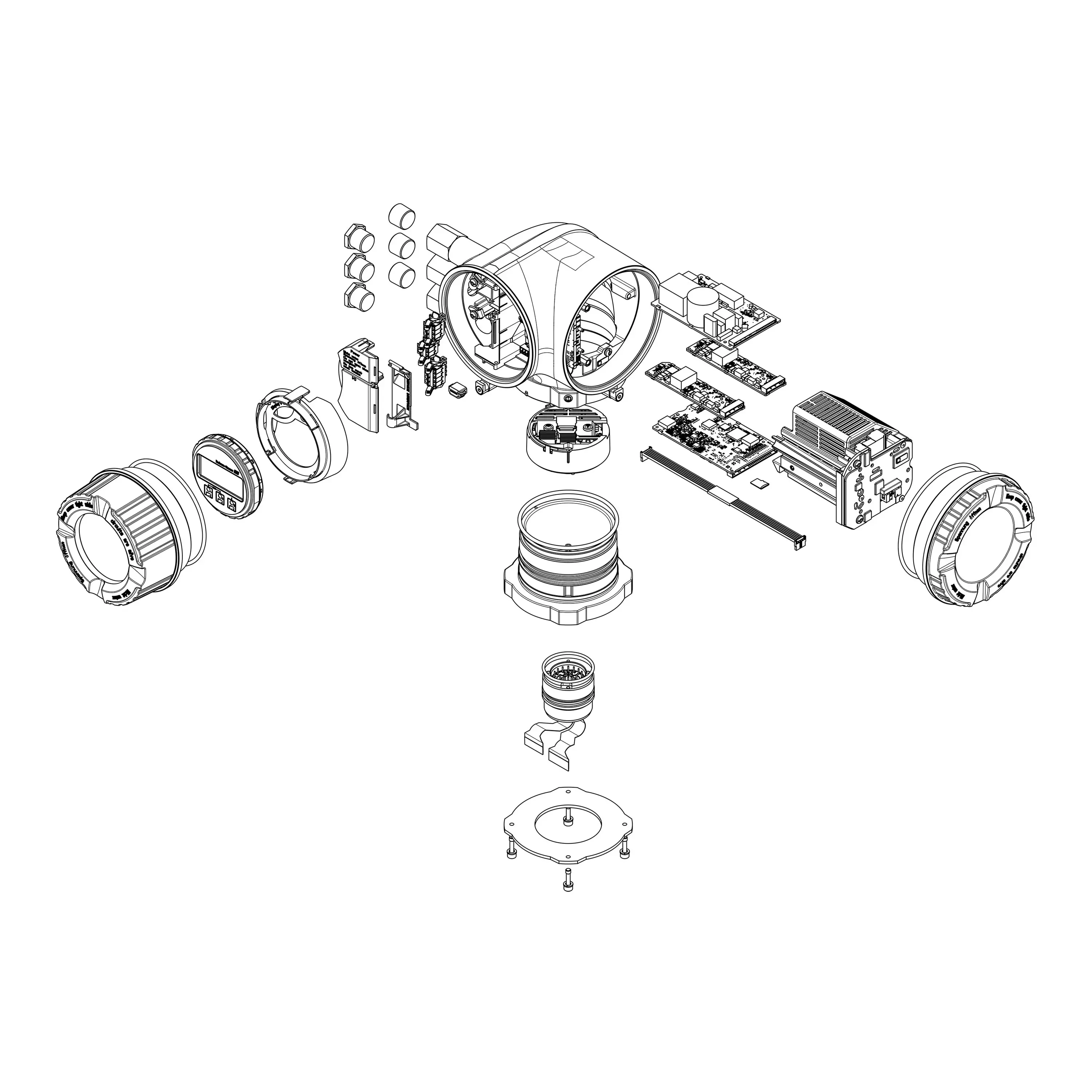 3D exploded technical drawing of Endress+Hauser analyzer head with internal electronic components