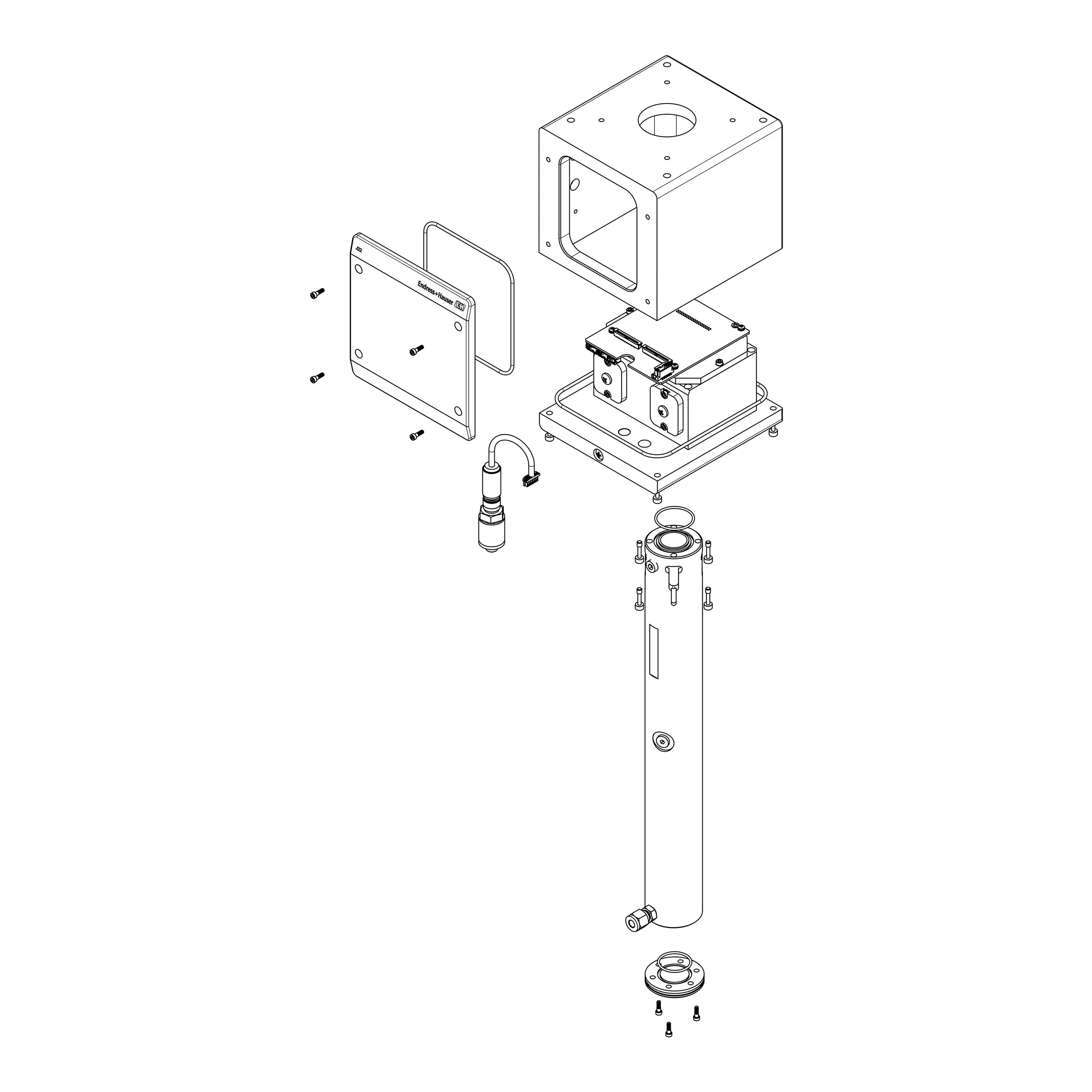 Exploded 3D technical drawing of Endress+Hauser analyzer enclosure and sensor assembly