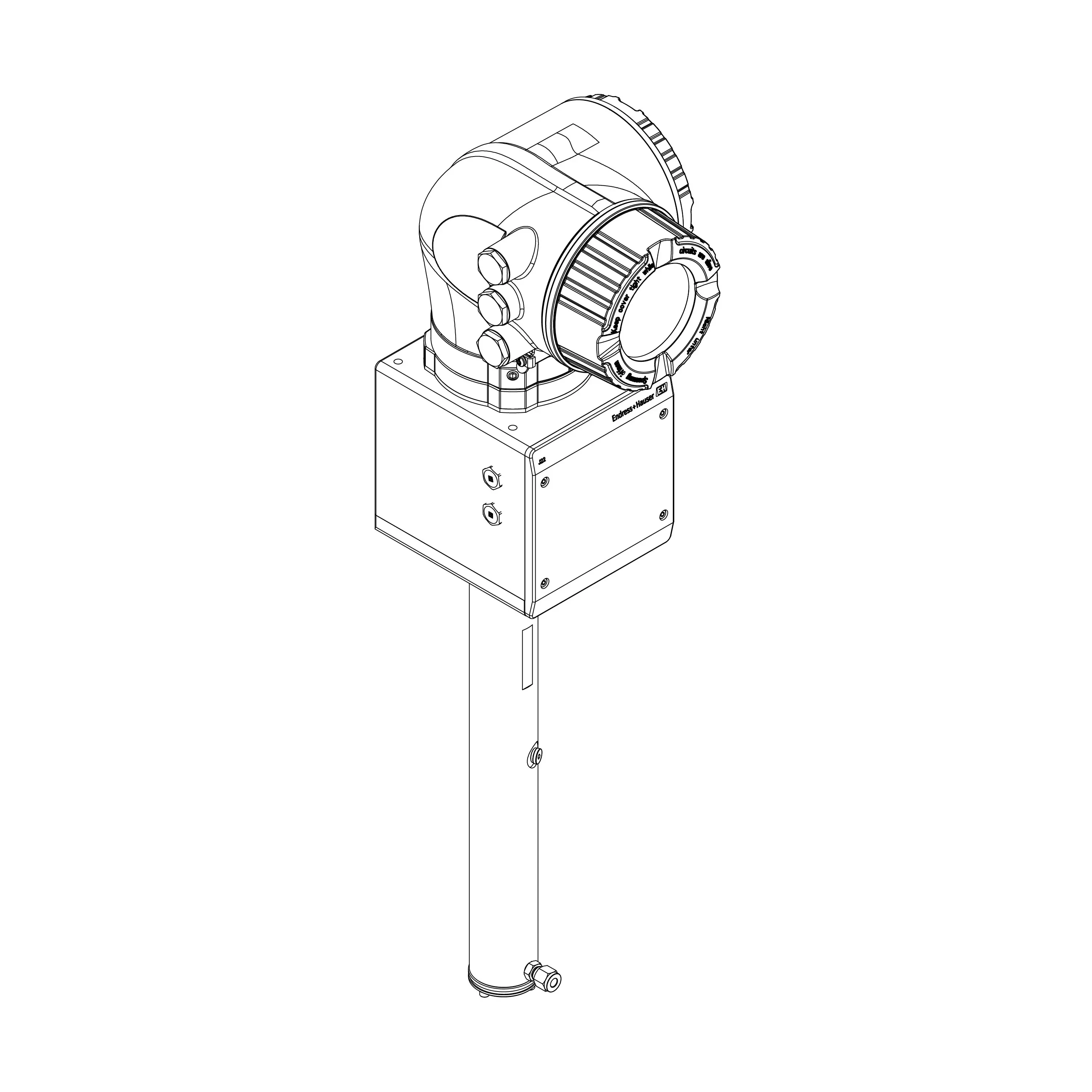 3D technical line drawing of Endress+Hauser process analyzer with cylindrical sensor housing