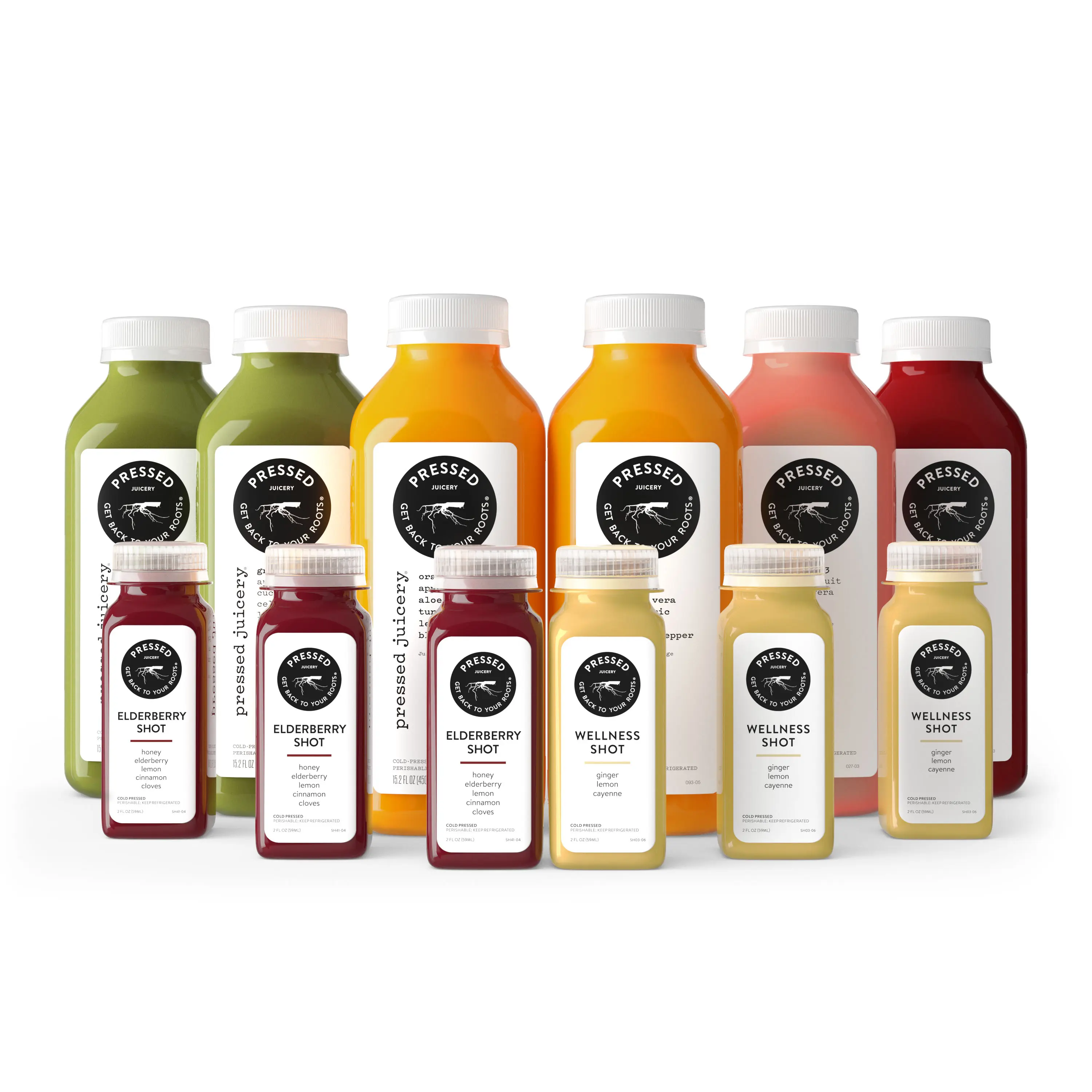 3D product rendering of cold-pressed juice bottles and wellness shots in a studio lighting setup