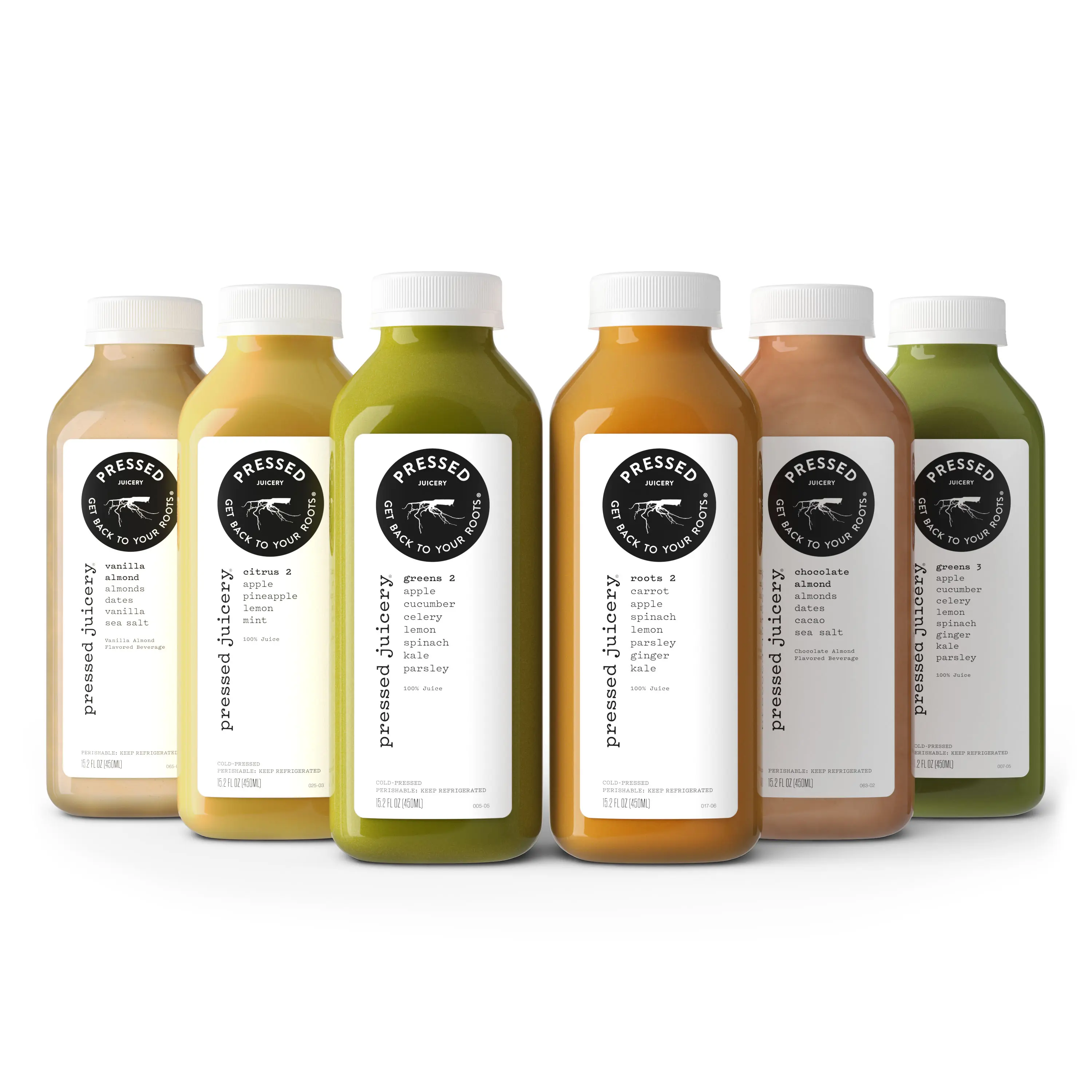 3D rendered lineup of Pressed Juicery cleanse bottles in a clean studio environment