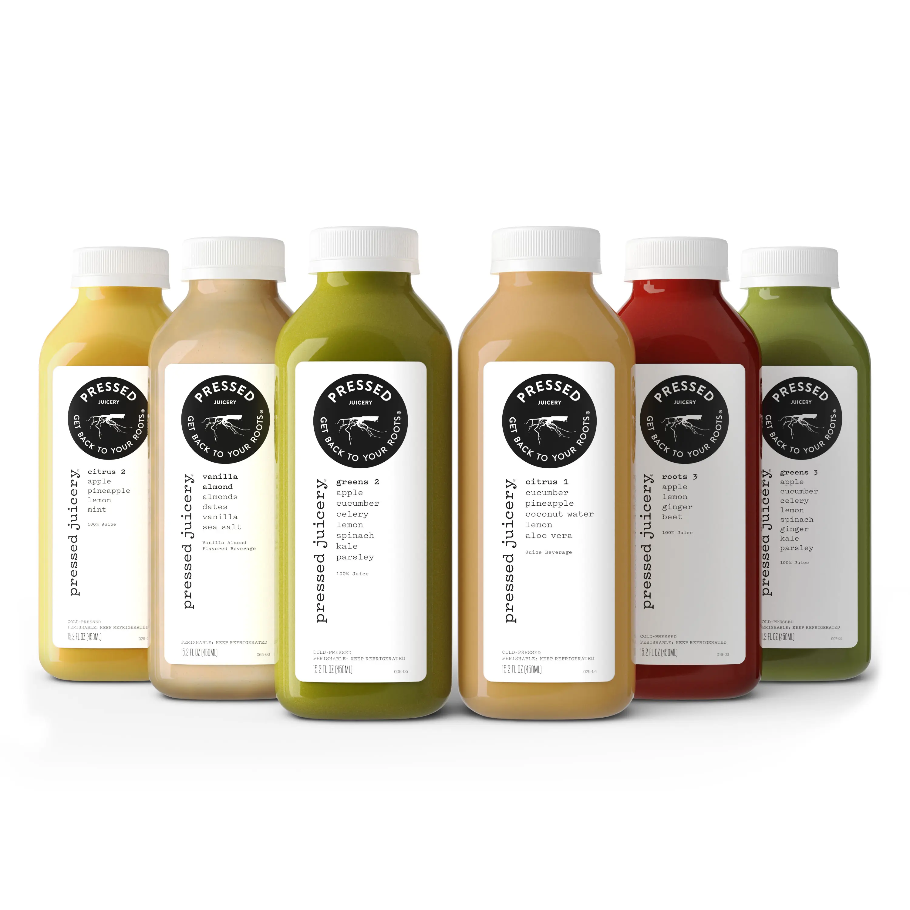 Clean studio 3D product rendering of cold-pressed juice bottles from Pressed Juicery