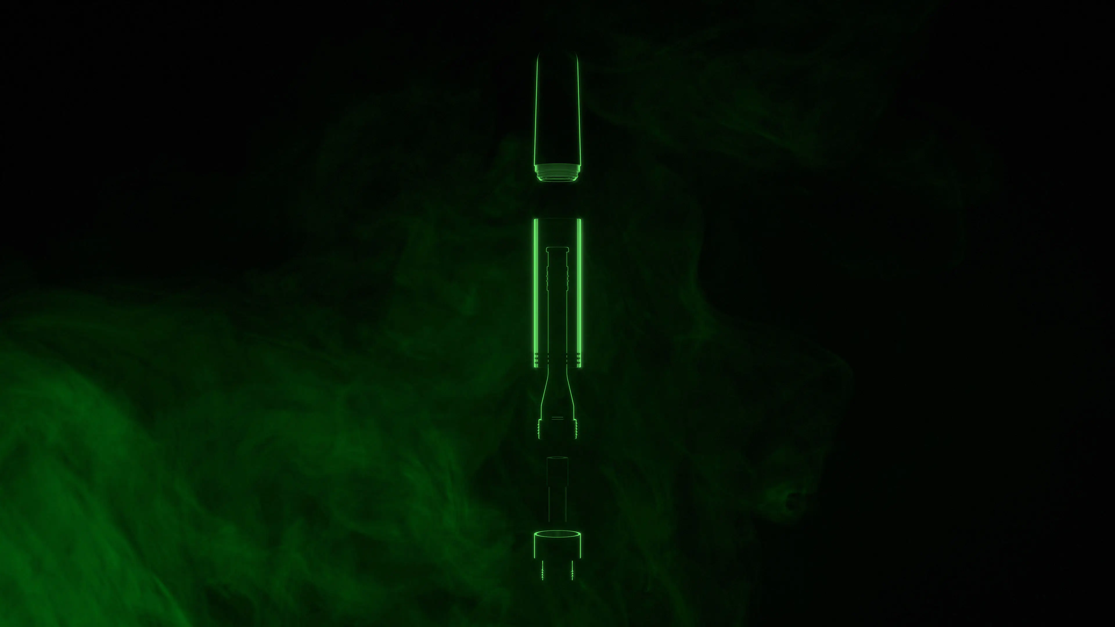 Cinematic 3D rendering of vapor tip assembly with glowing green outlines and atmospheric smoke
