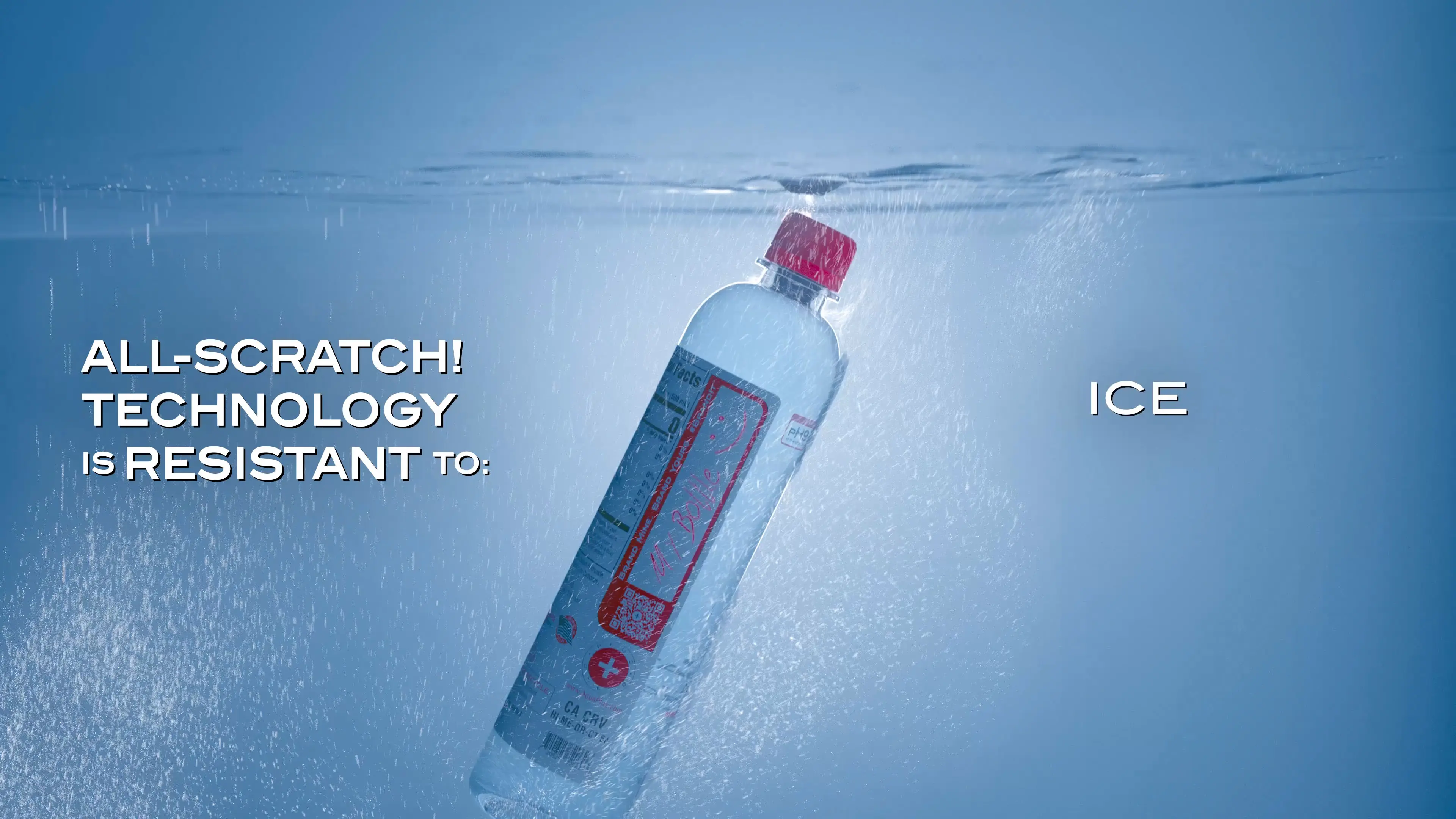 3D animation still of water bottle underwater showcasing scratch-resistant label technology