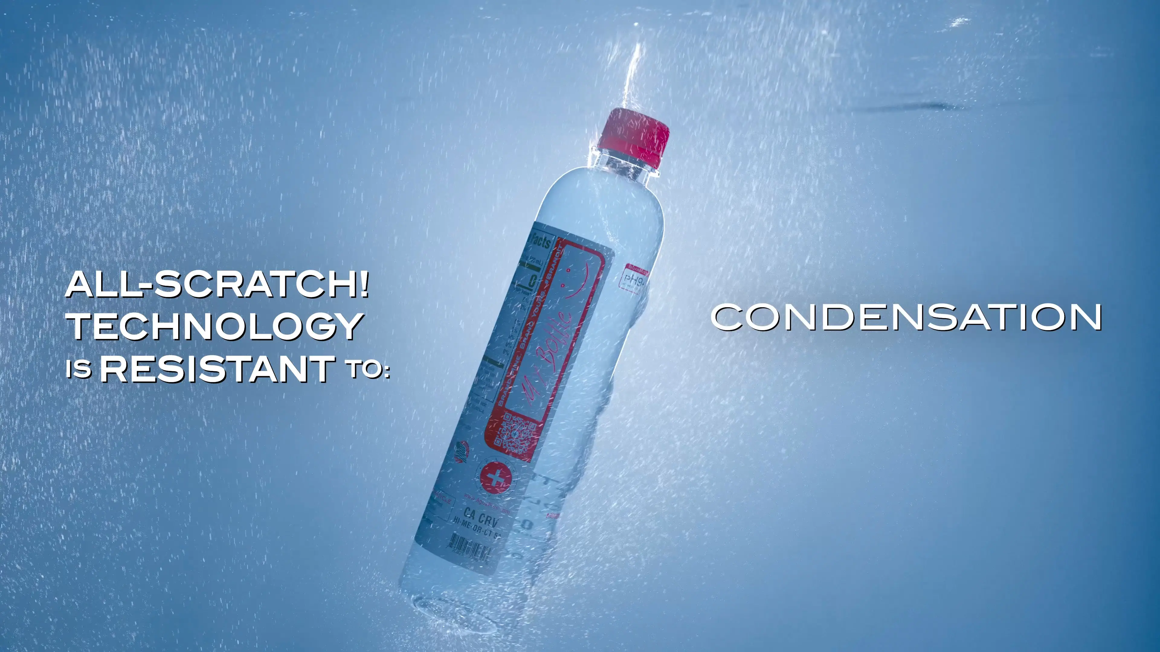 3D product rendering of water bottle underwater showcasing condensation-resistant label
