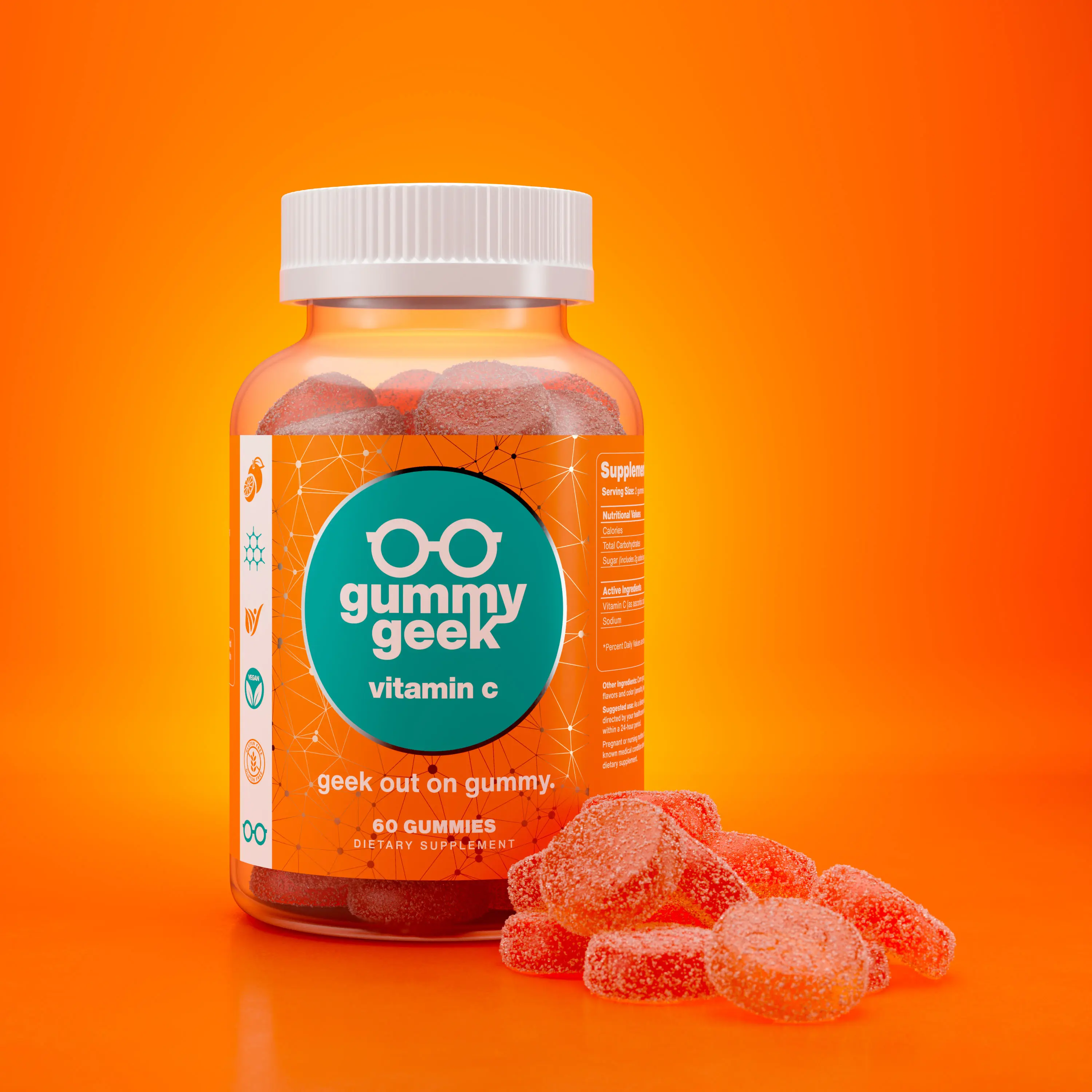 Photorealistic 3D rendering of Gummy Geek vitamin C supplement bottle with gummies on vibrant orange background