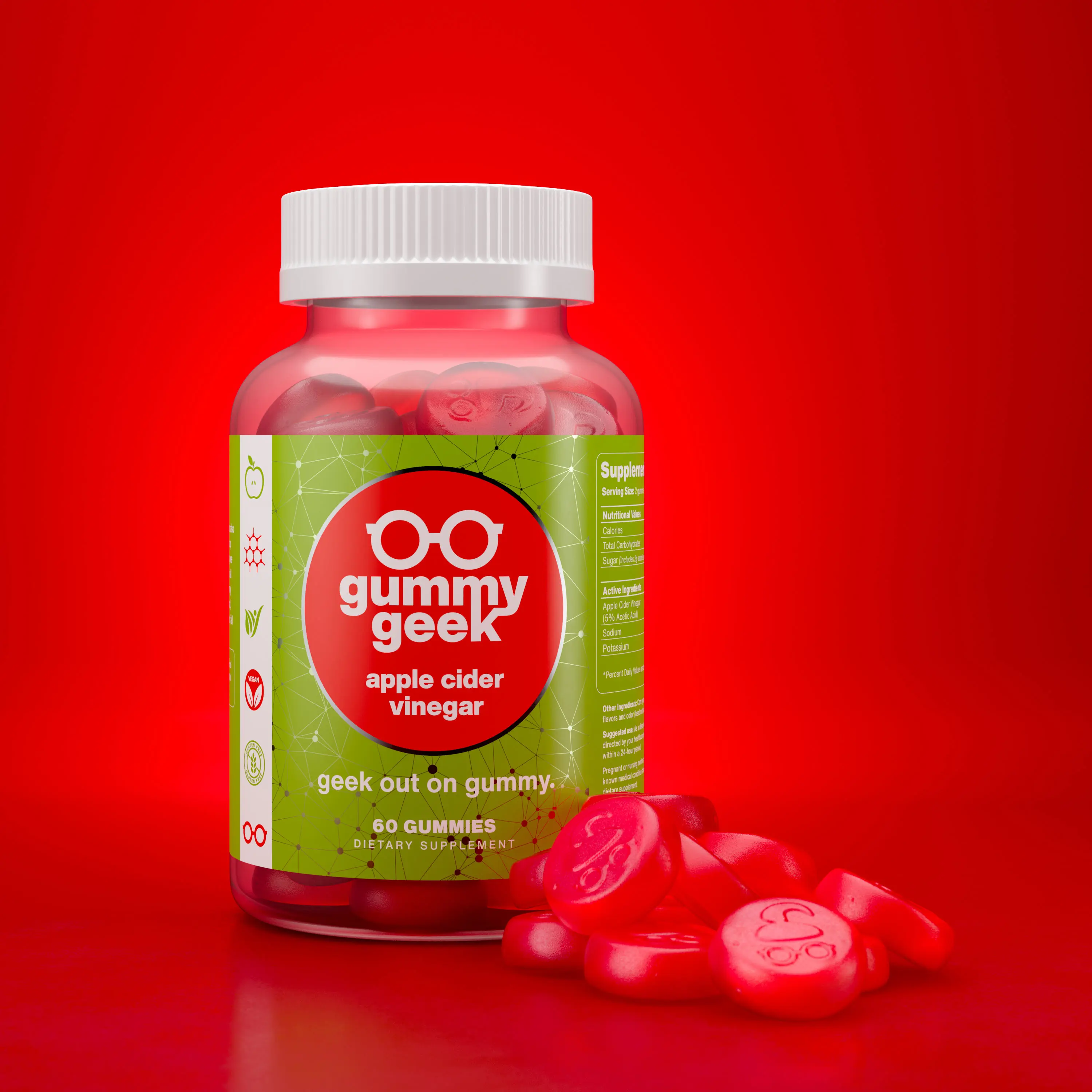 3D product rendering of Gummy Geek apple cider vinegar gummies in a bottle with vibrant red studio lighting