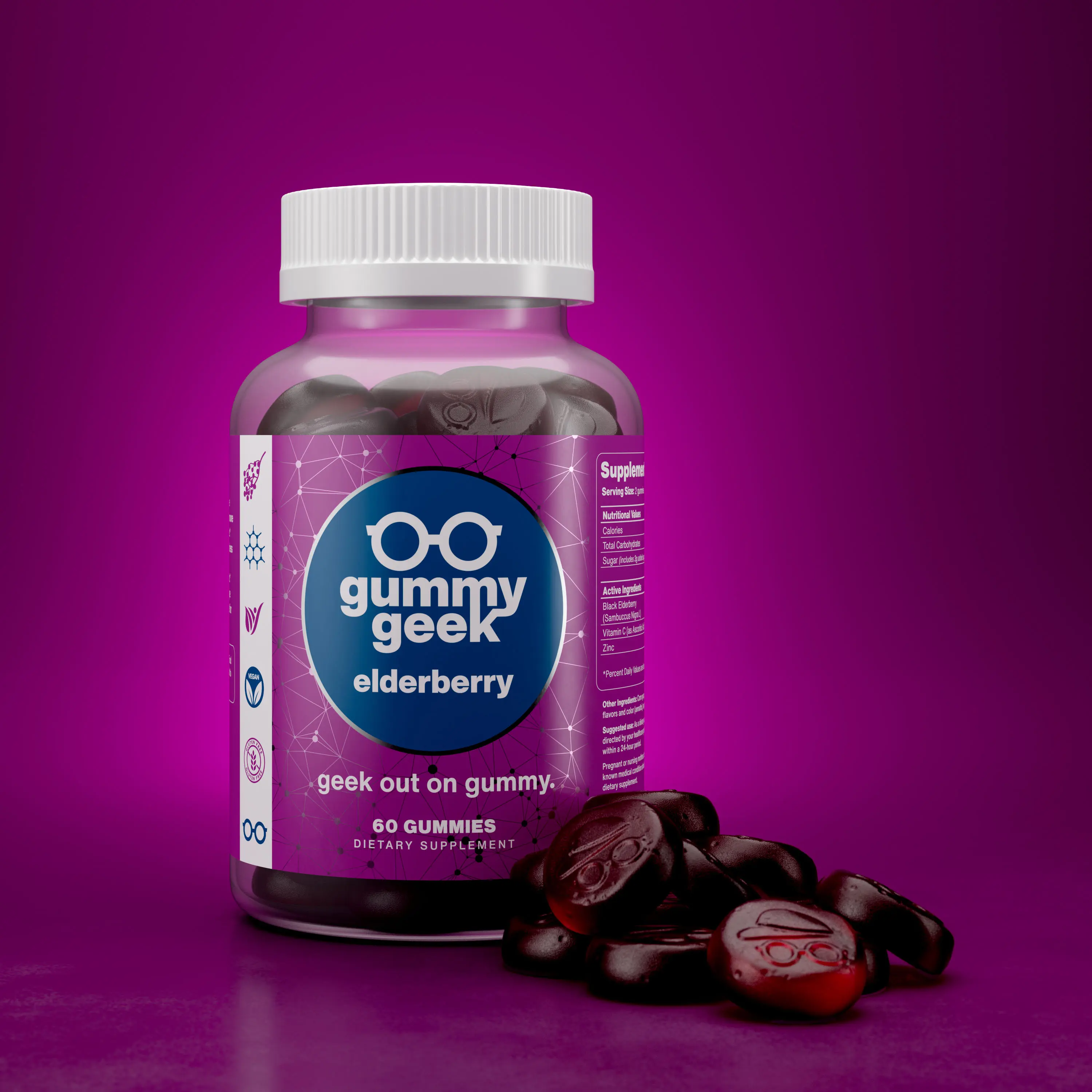 High-end 3D product rendering of Gummy Geek elderberry supplement bottle with gummies on a vibrant purple background