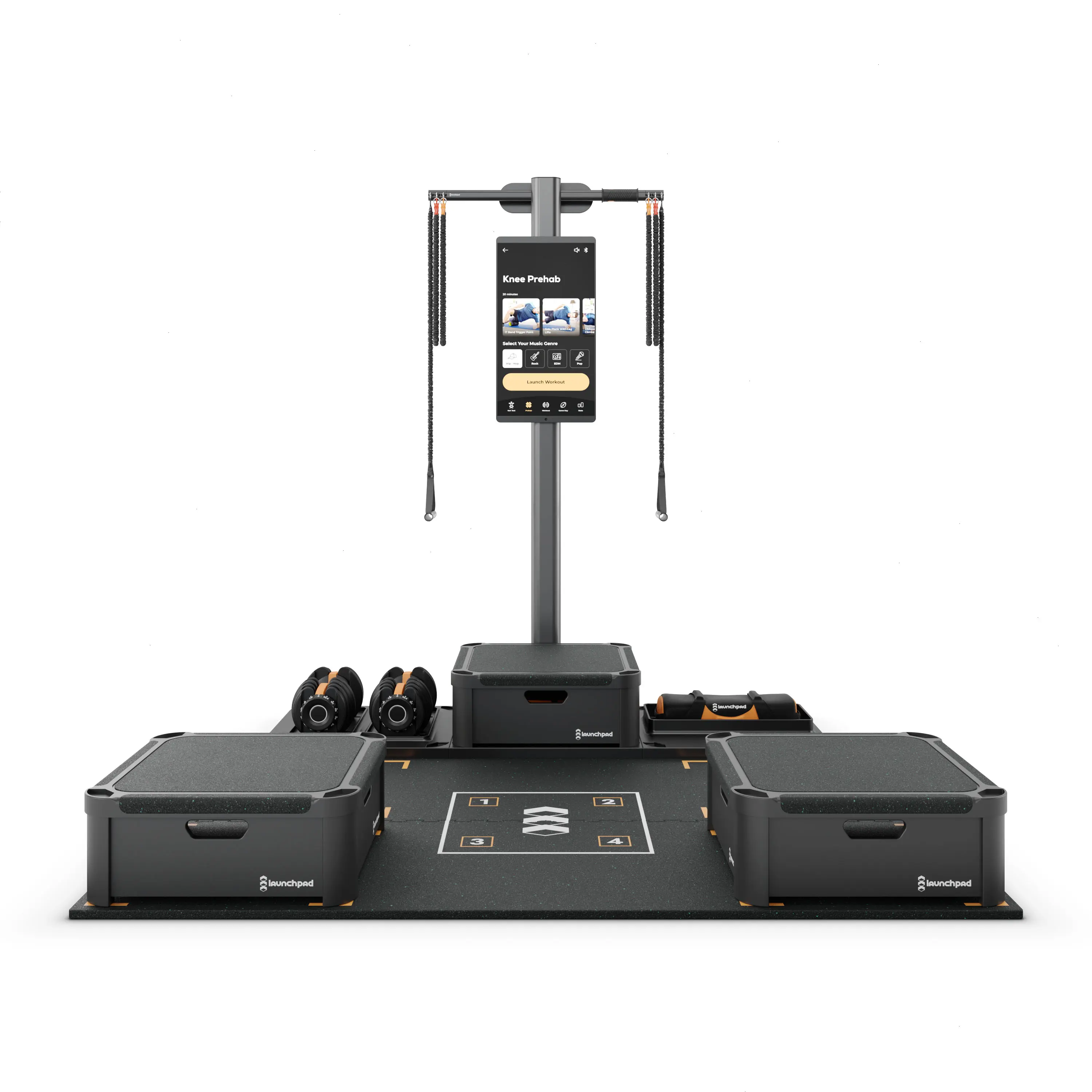 3D product rendering of Launchpad fitness training system with modular workout stations and digital interface on white background