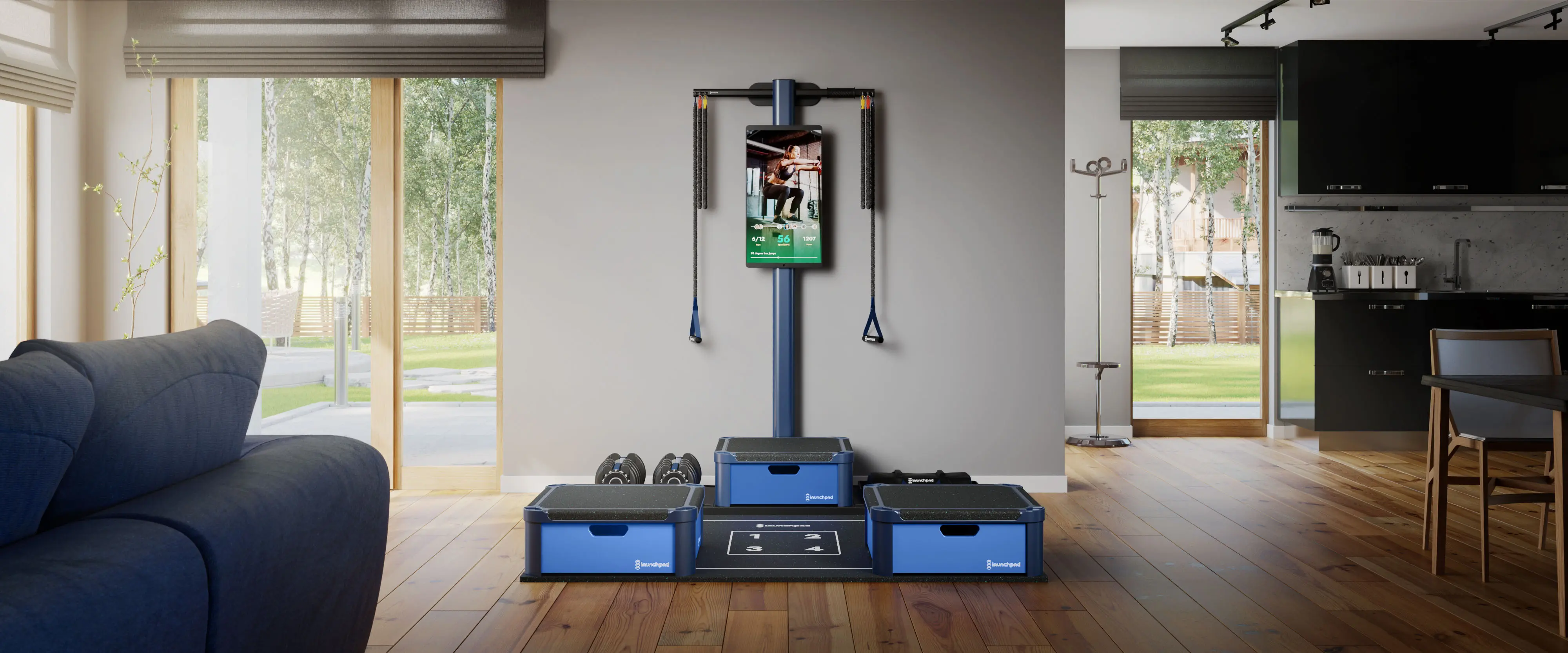 3D lifestyle rendering of Launchpad fitness system integrated into a modern home interior with touchscreen workout display and modular training equipment