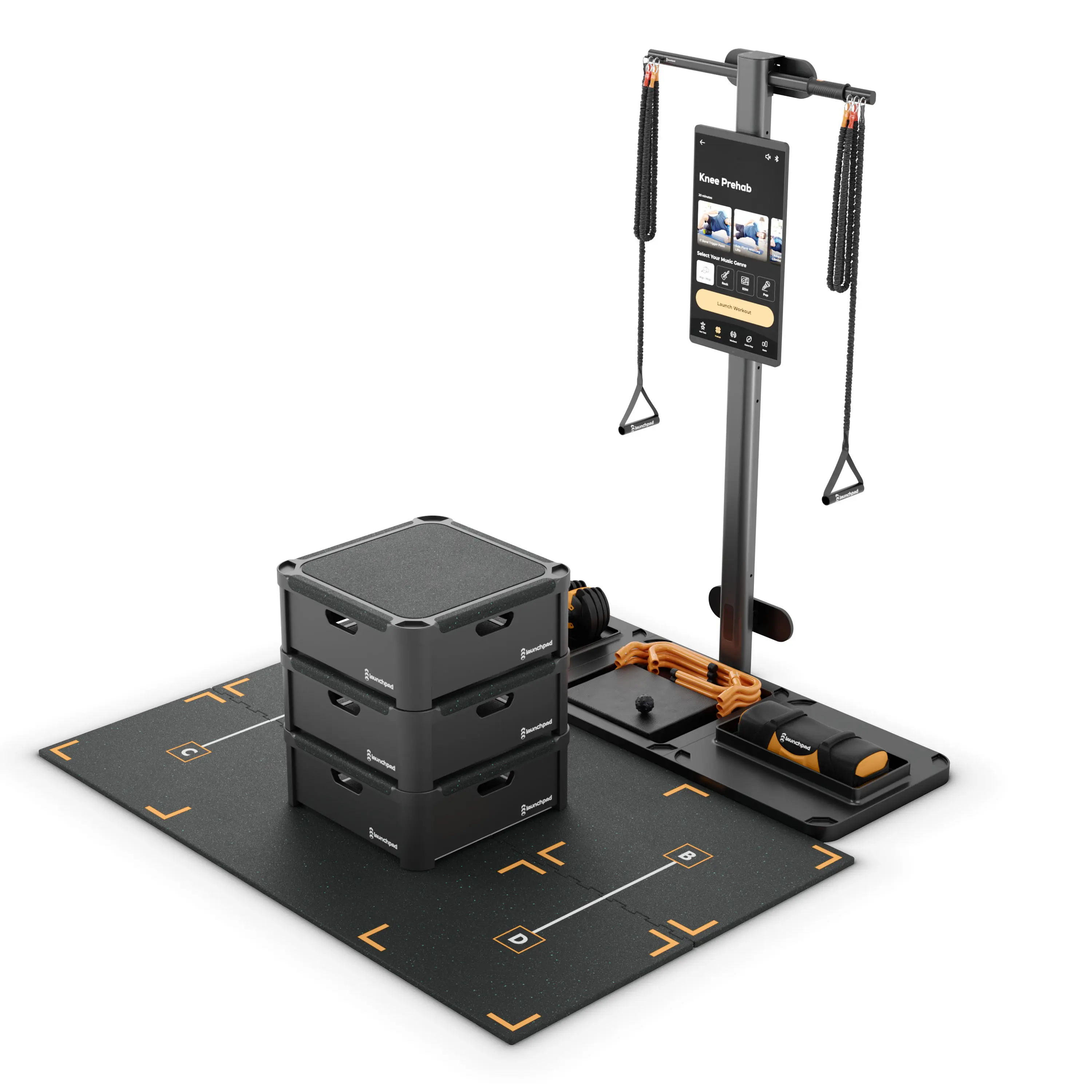 3D product rendering of Launchpad home fitness station with resistance bands, modular steps, and digital training screen on white background