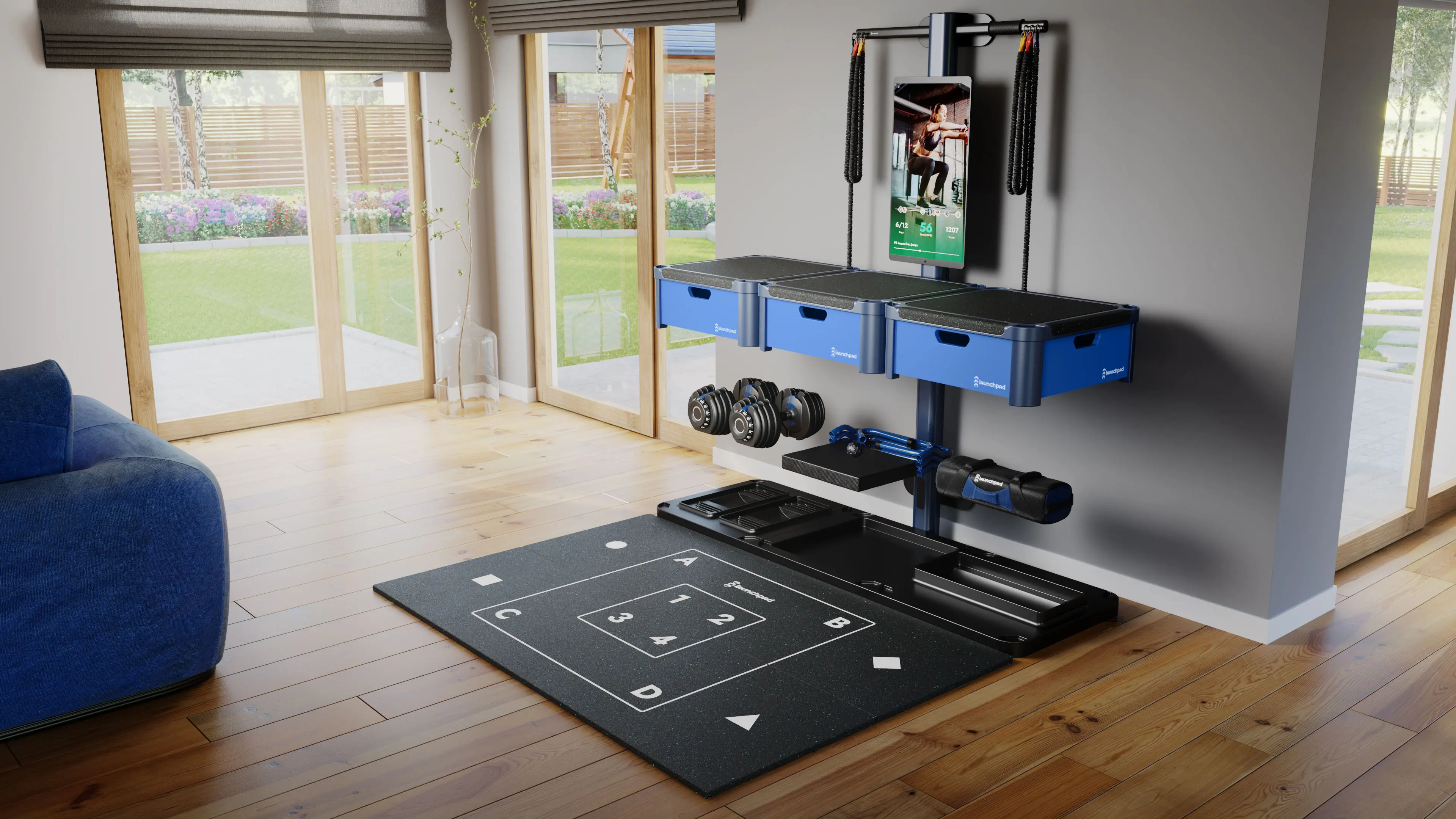 3D lifestyle rendering of Launchpad fitness system mounted in a home living space with storage, dumbbells, resistance bands, and digital workout screen