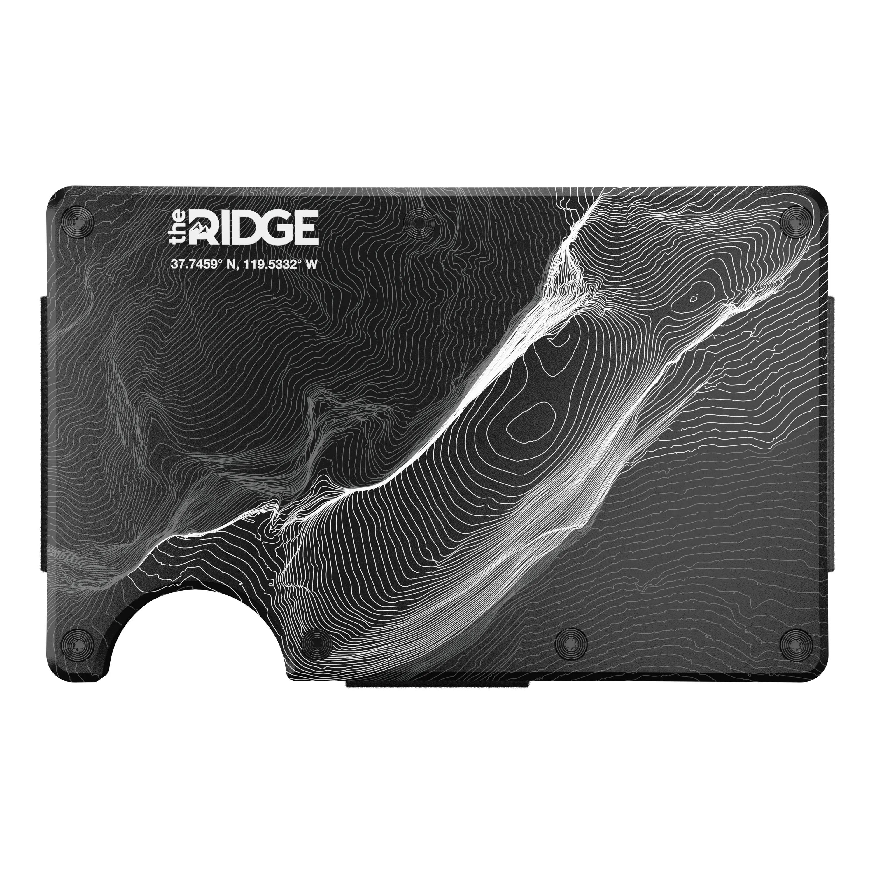 3D rendering of a slim wallet featuring a topographic map design with black and white contour lines.