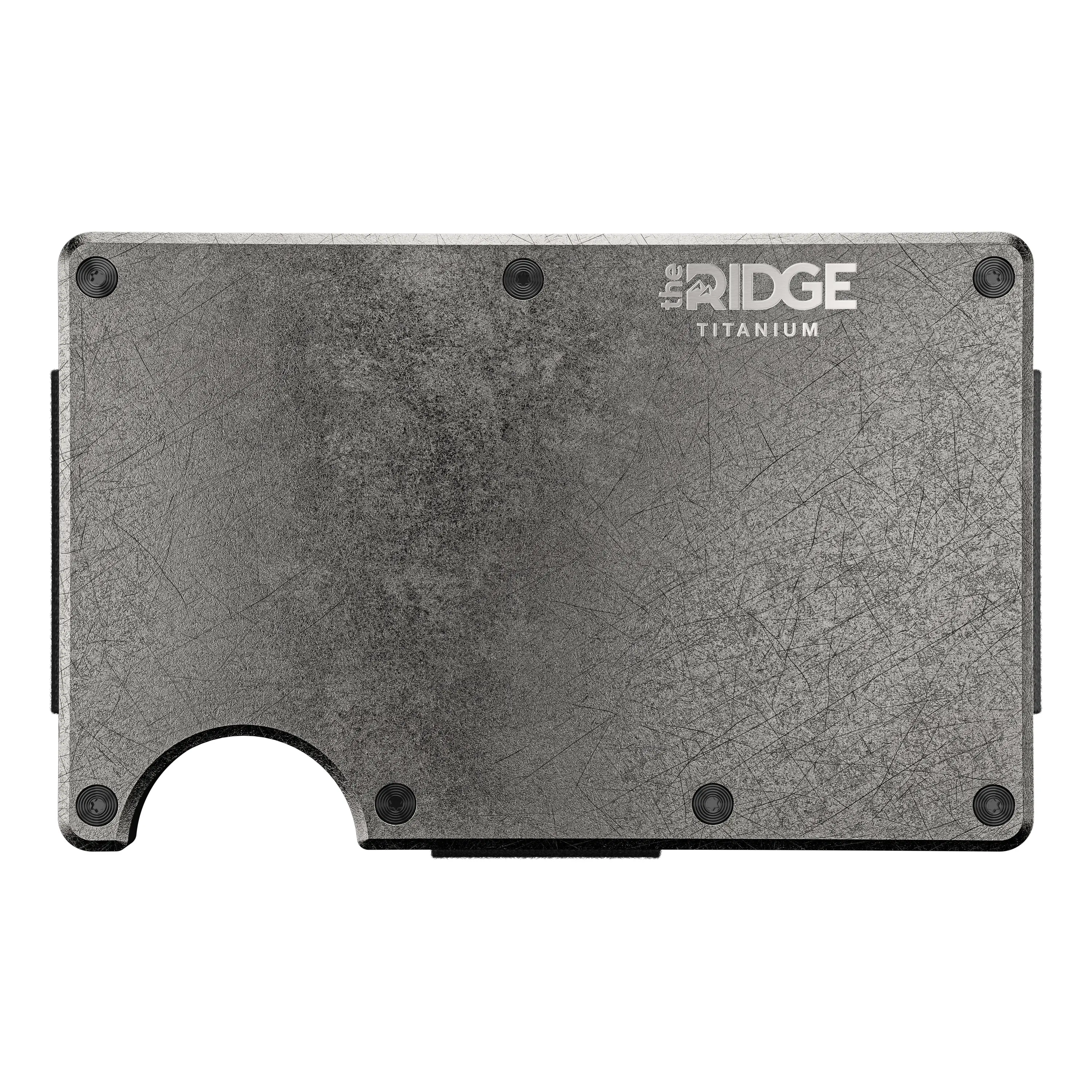 Photorealistic CGI of a rugged titanium wallet with distressed metal texture, displayed on a white background for premium product showcase.