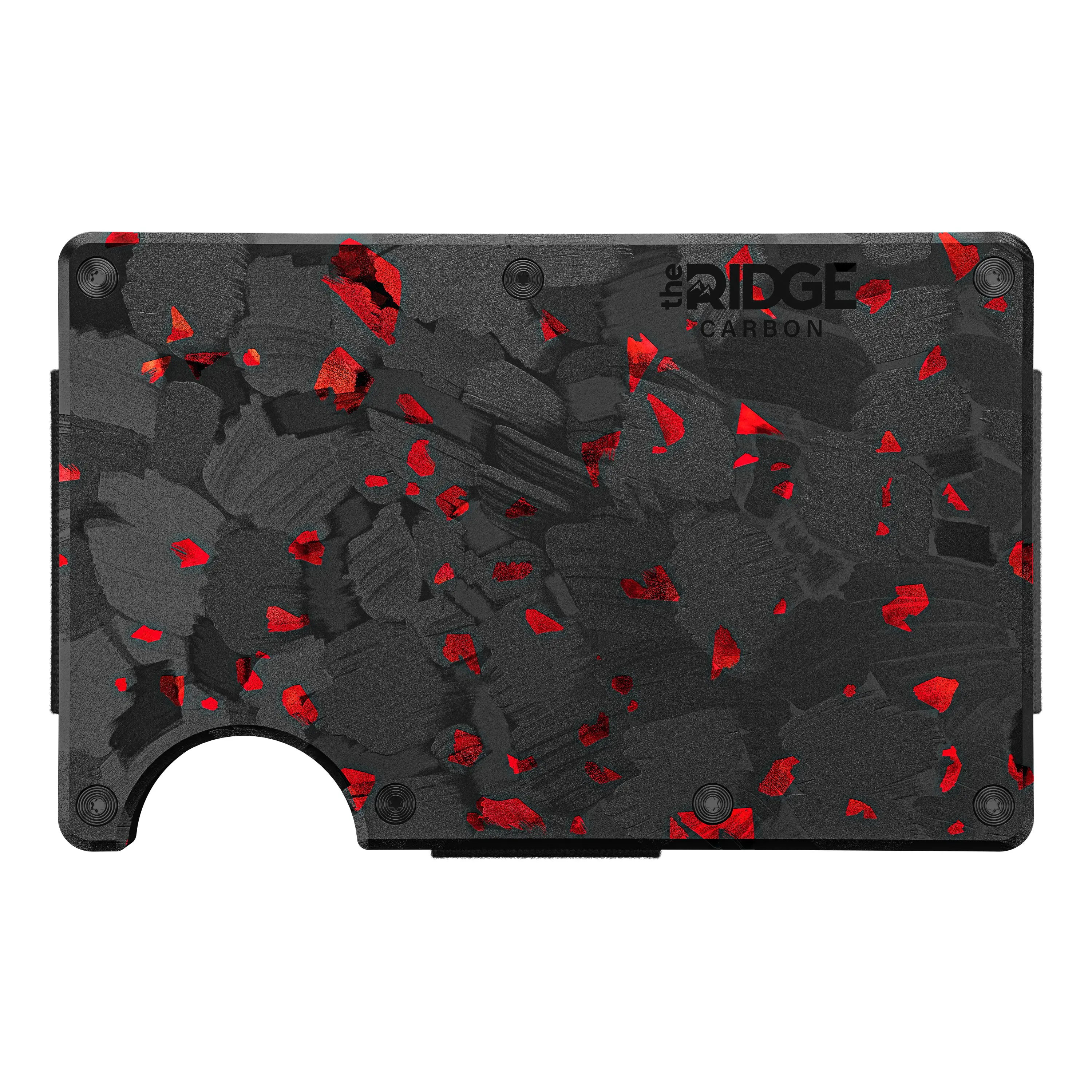 3D product rendering of a carbon fiber wallet with red forged composite pattern on white backdrop.