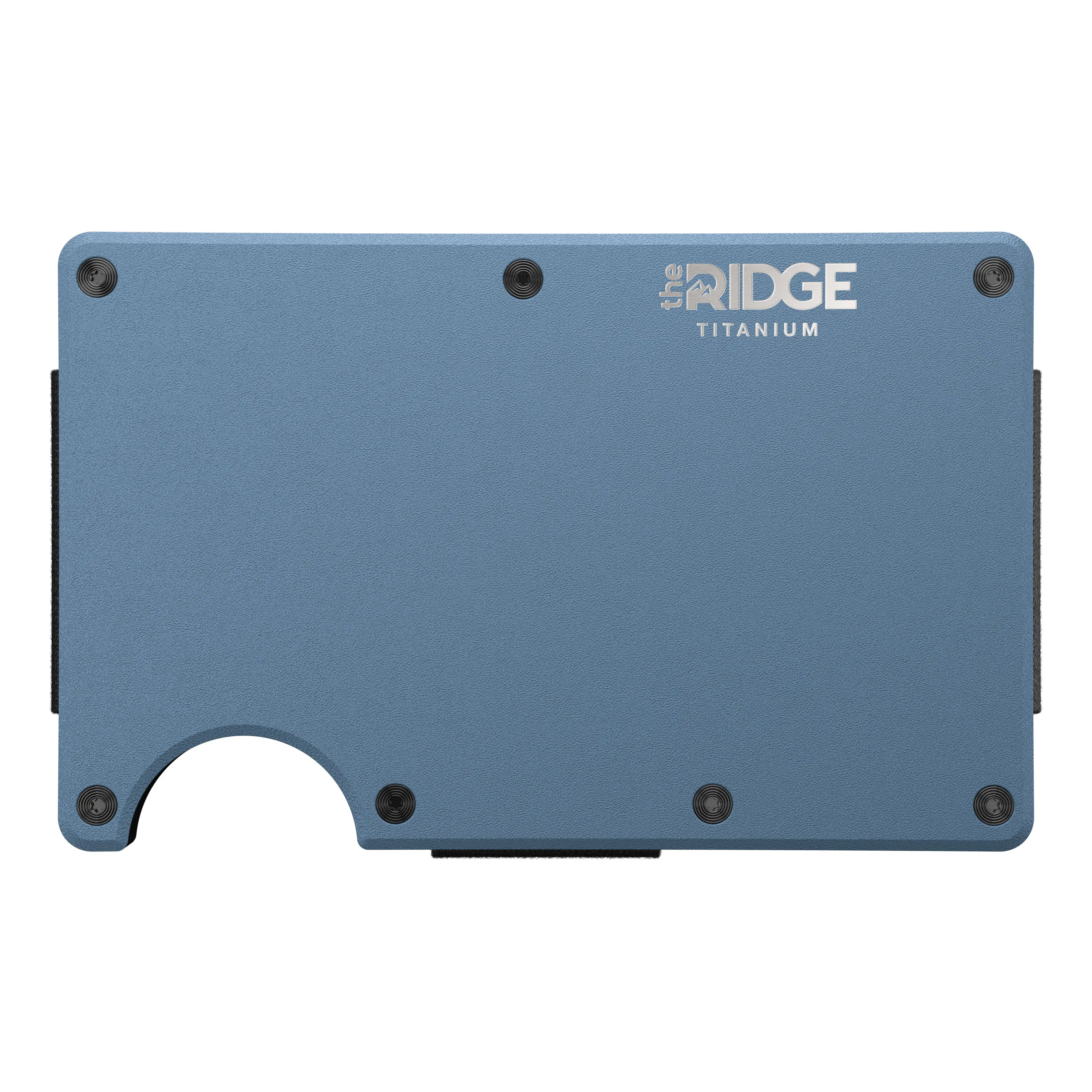 Photorealistic 3D product visualization of a matte blue titanium wallet on a clean white background, showcasing premium material and minimal design.