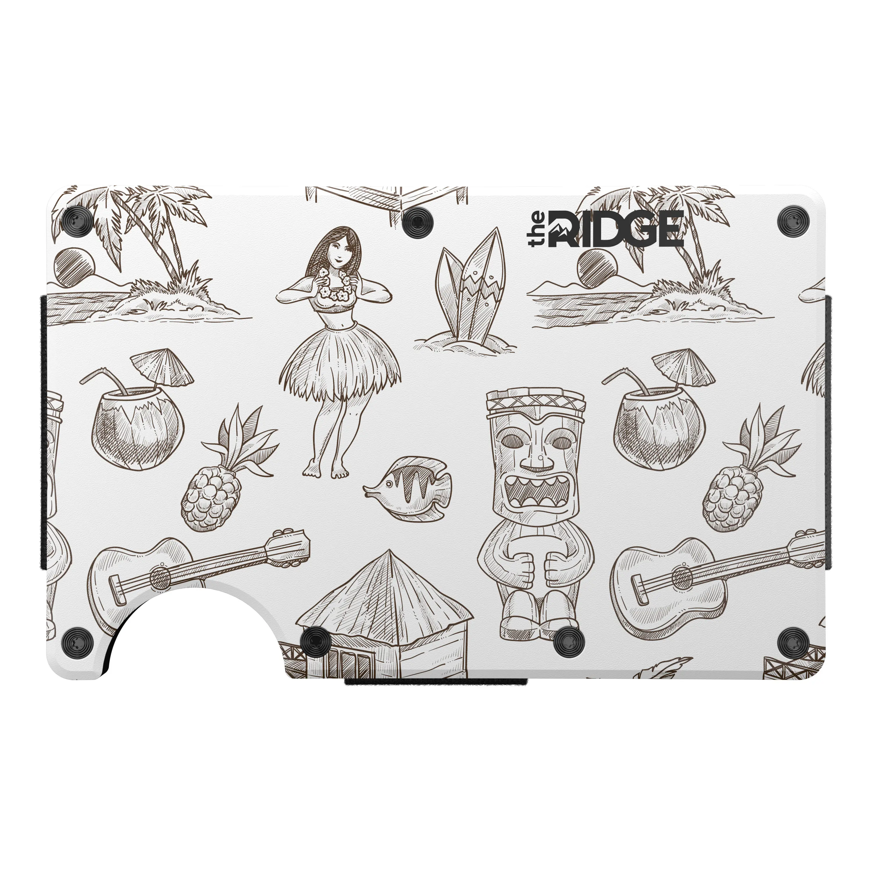 3D rendering of a slim wallet with tropical-themed illustrations on a white background for product visualization.