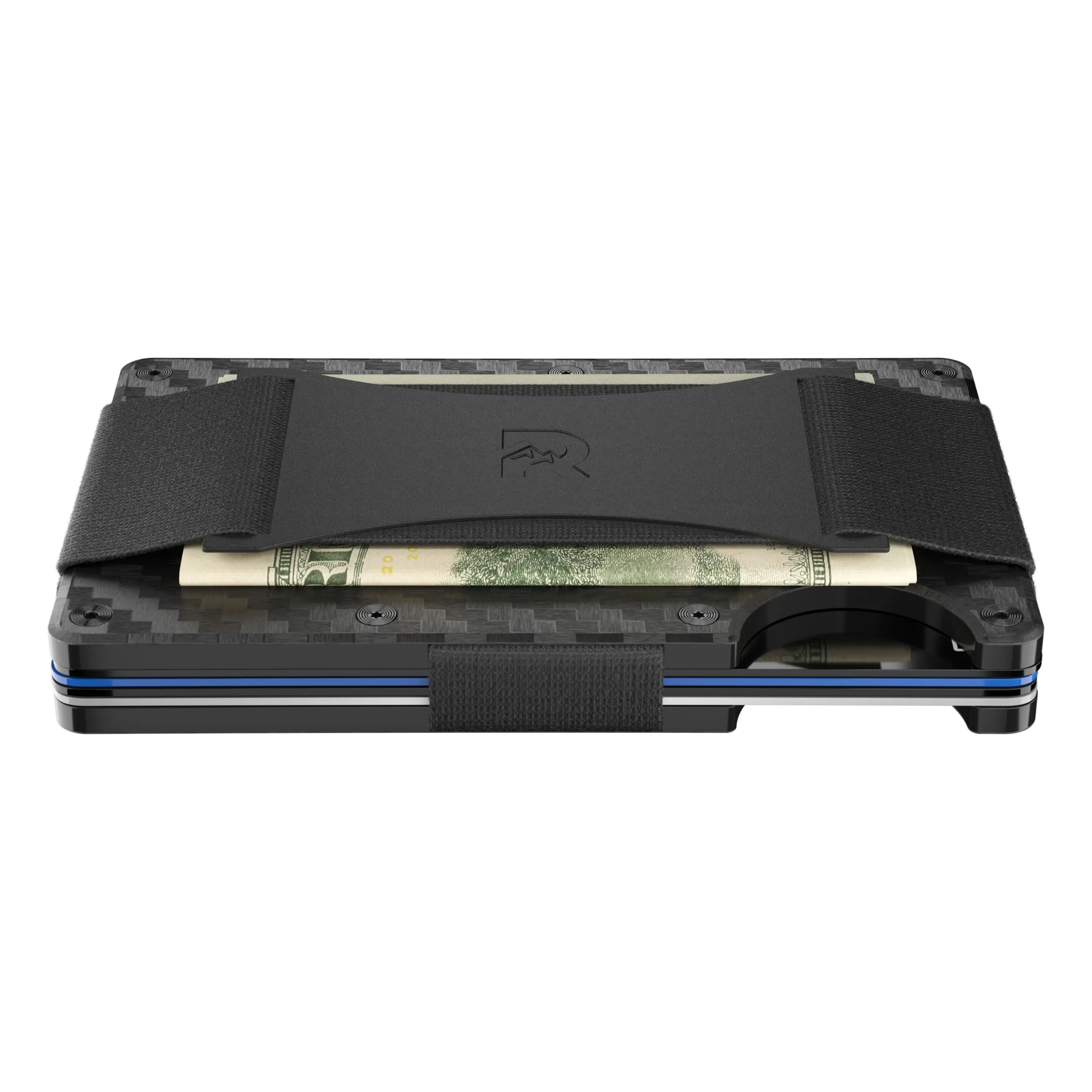 3D rendering of a minimalist tactical wallet with carbon fiber texture and elastic cash strap on white background.