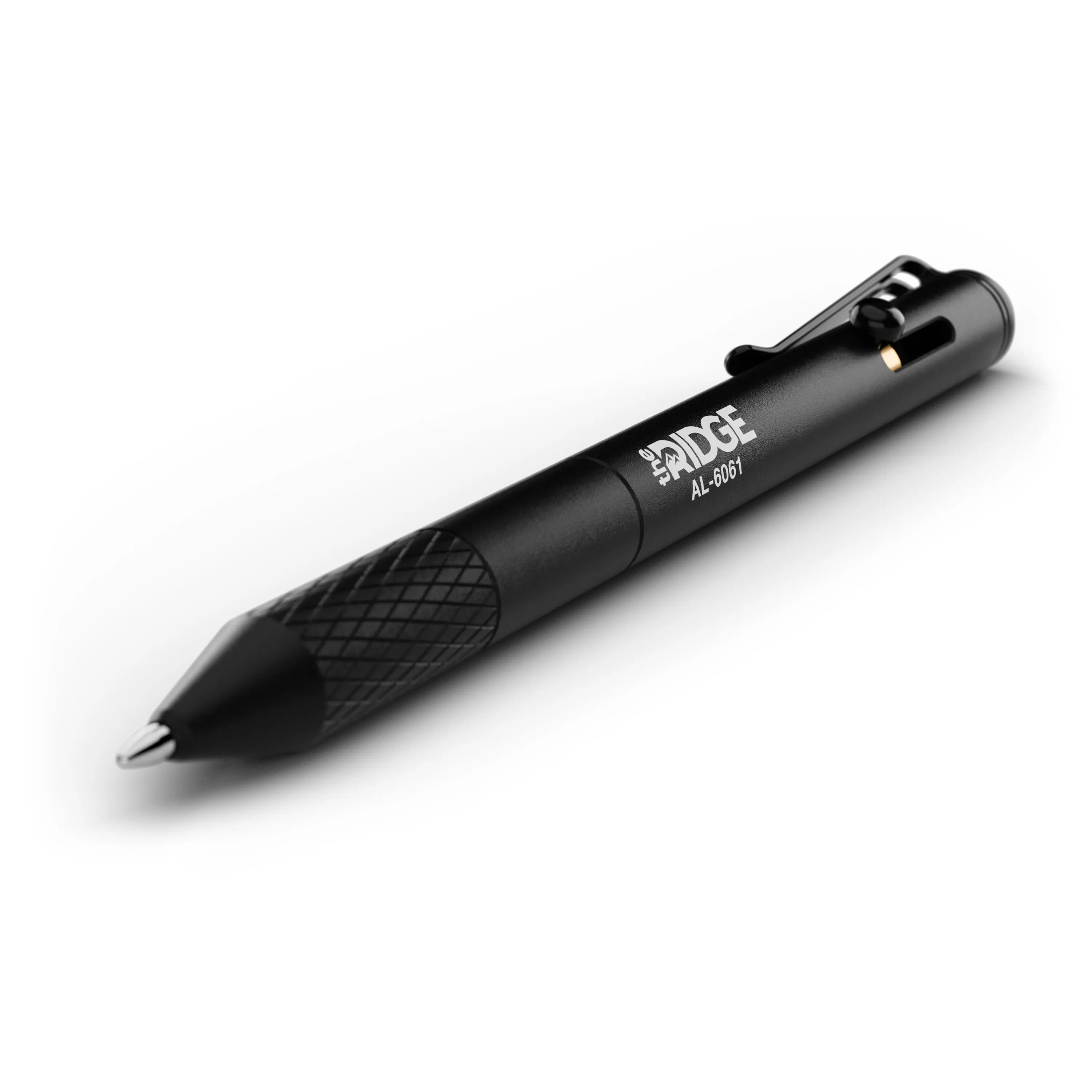 Photorealistic rendering of a black aluminum bolt-action pen with metallic detailing on a clean white background. 
