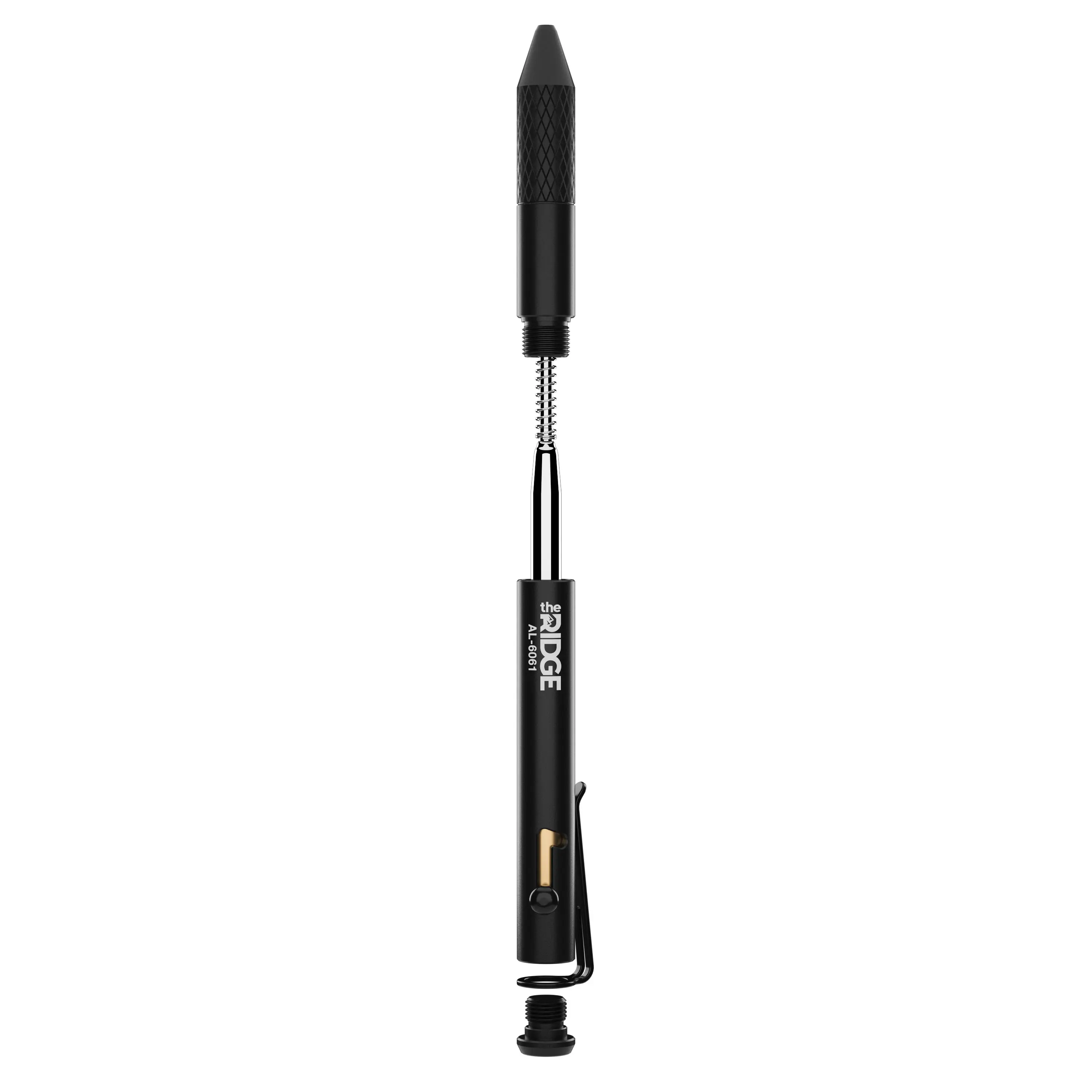 Cutaway product visualization of a disassembled black bolt-action pen showcasing internal components and spring mechanism.
