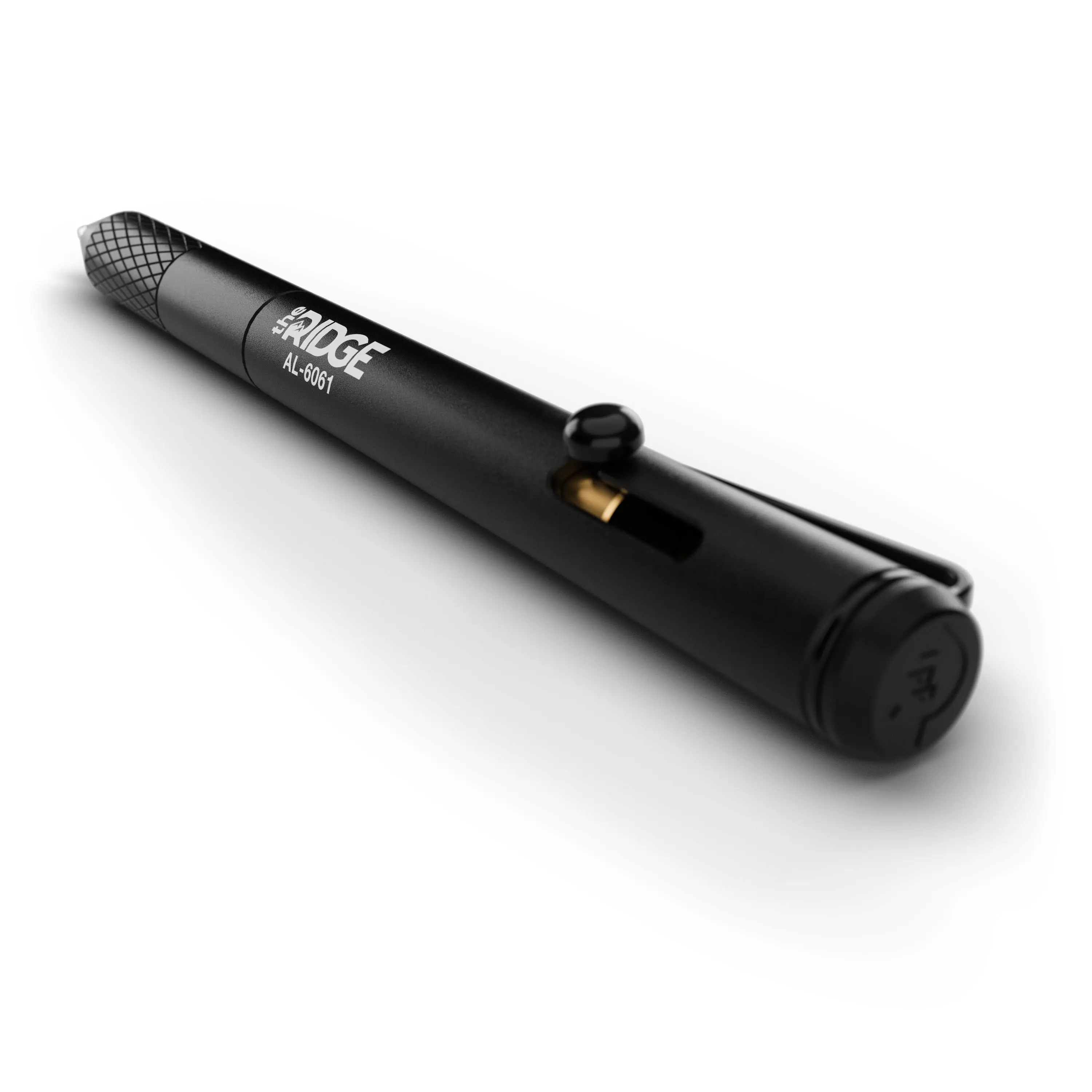 Studio-quality visualization of a matte black bolt-action pen with knurled grip, rendered for eCommerce presentation.