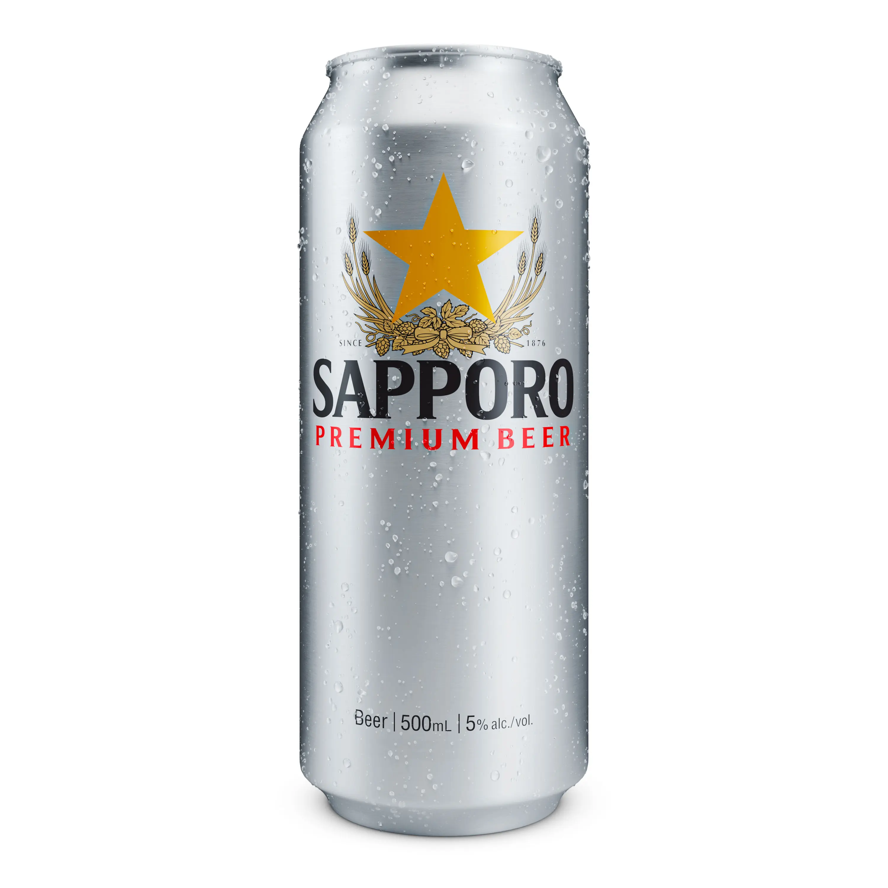 Hyper-realistic visualization of a cold Sapporo beer can with condensation detail.