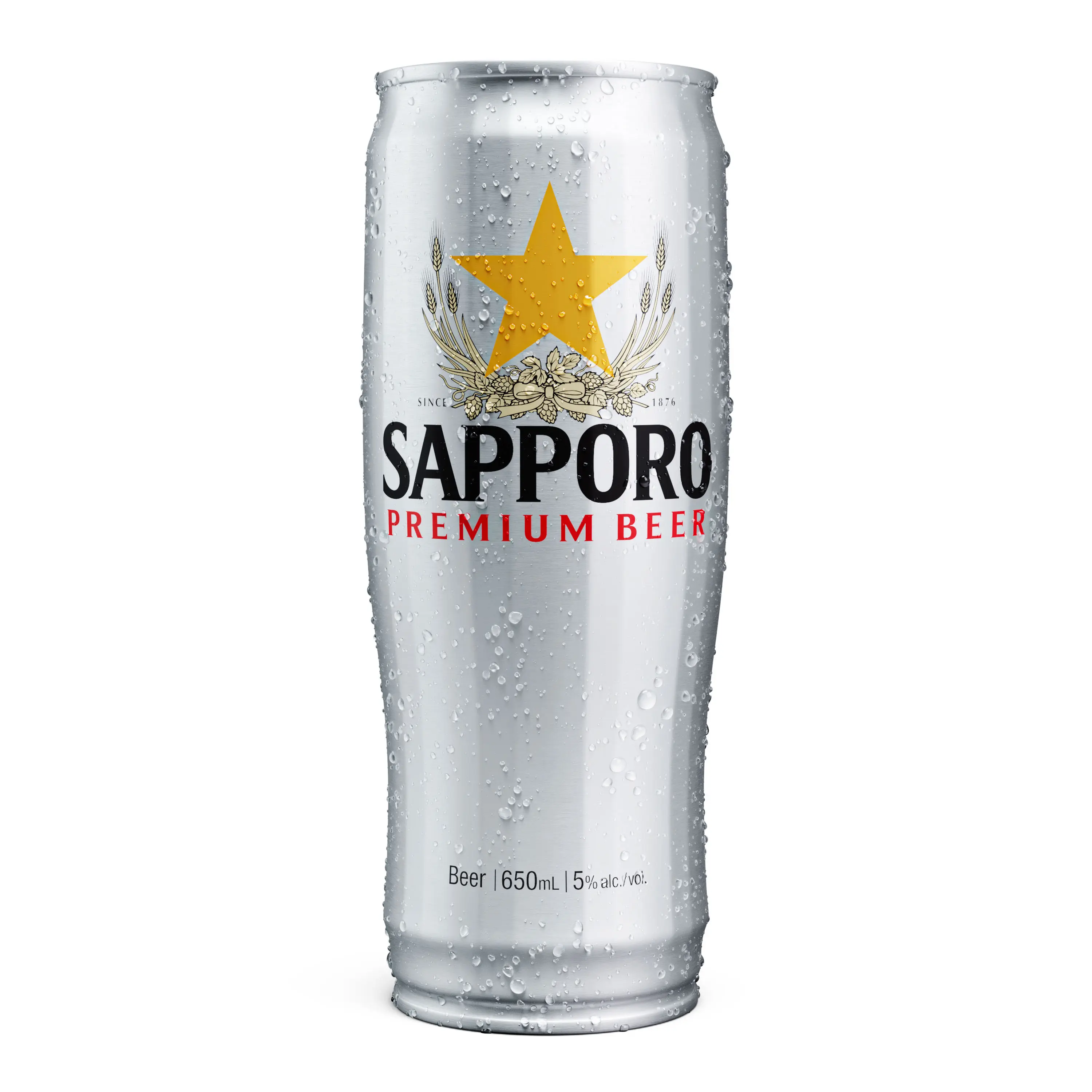 Studio-quality product image of Sapporo Premium Beer showcasing moisture and metallic texture.