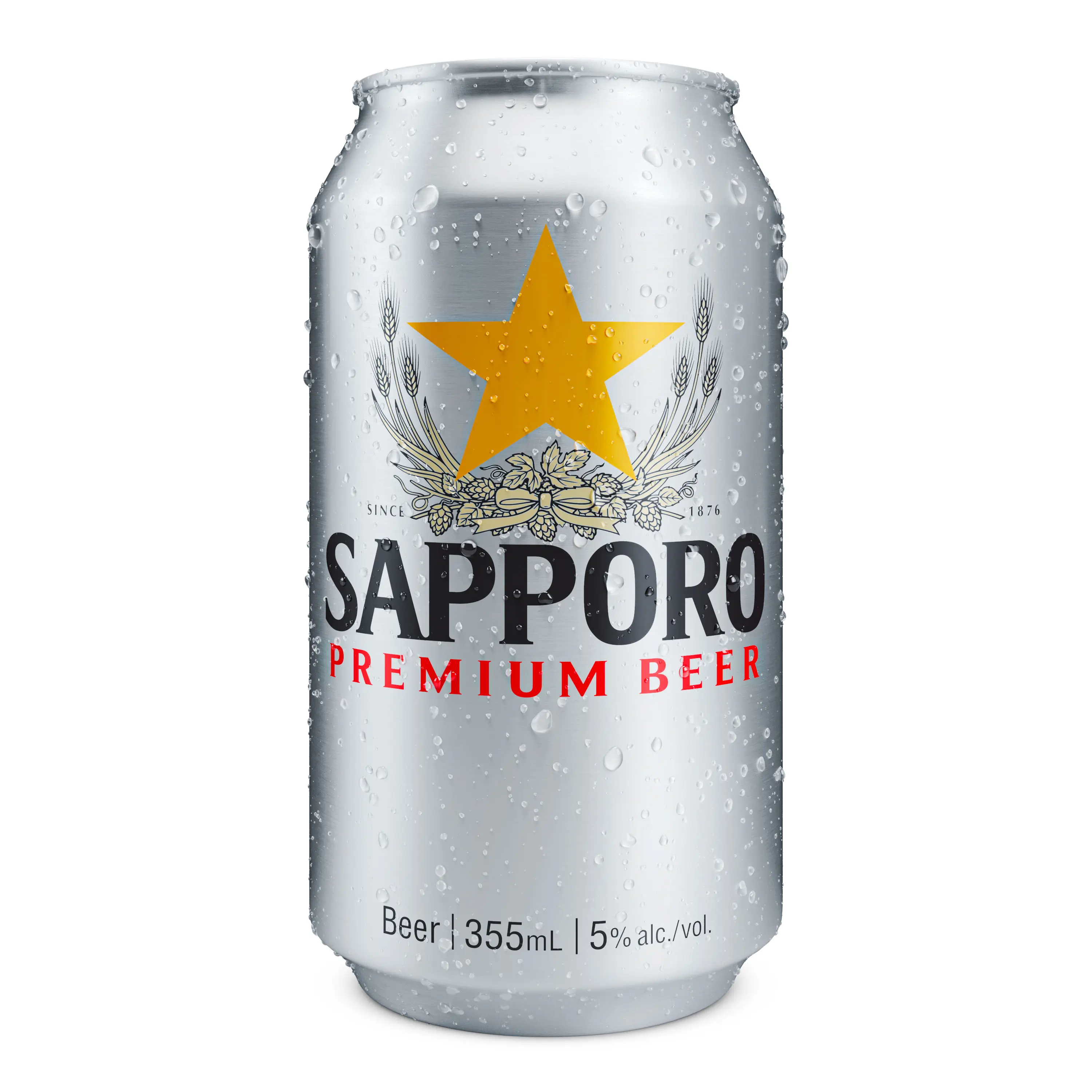 Photorealistic render of a chilled Sapporo Premium Beer can with water droplets and sharp branding.