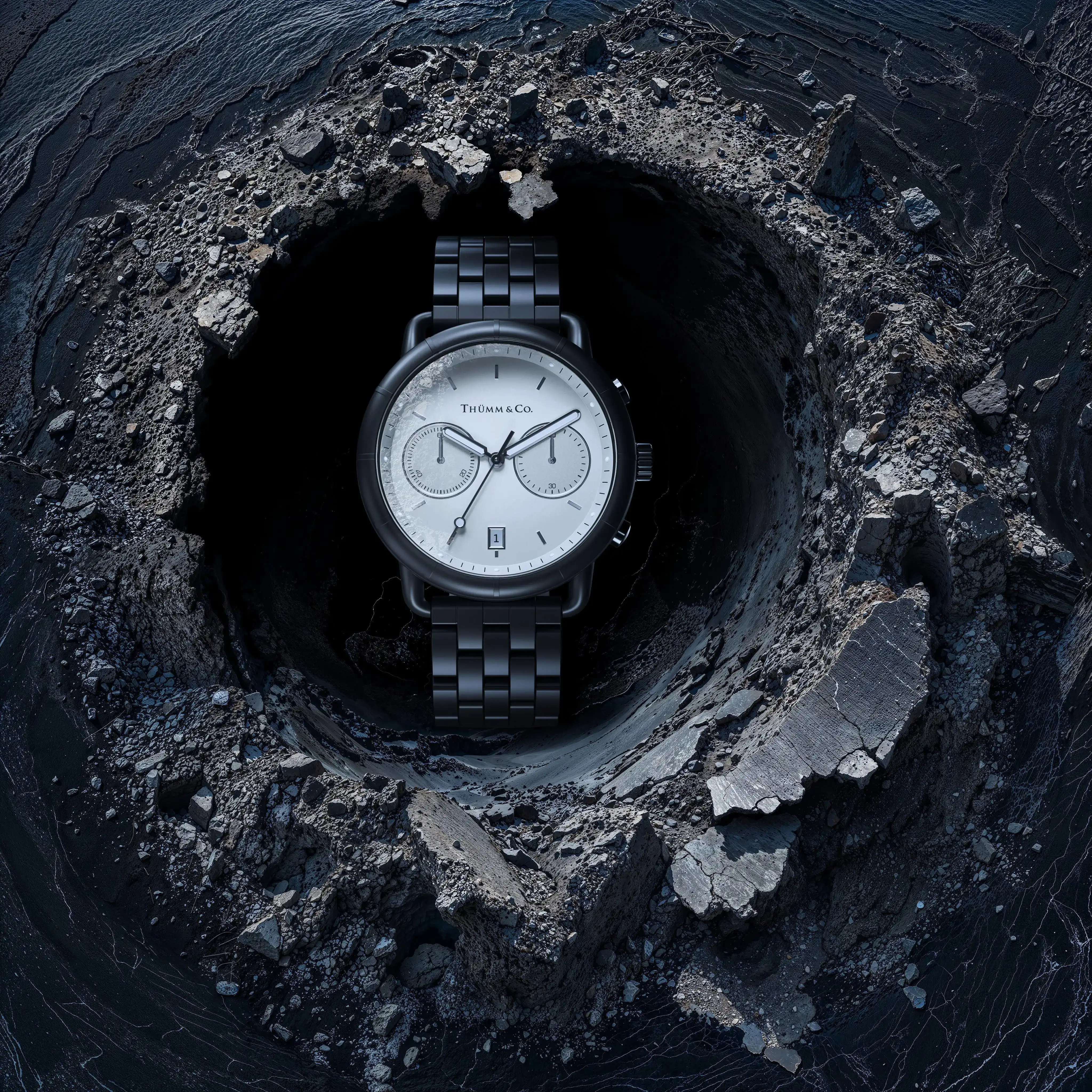 Photorealistic 3D product rendering of a Thümm & Co. luxury watch displayed in a dramatic crater setting.