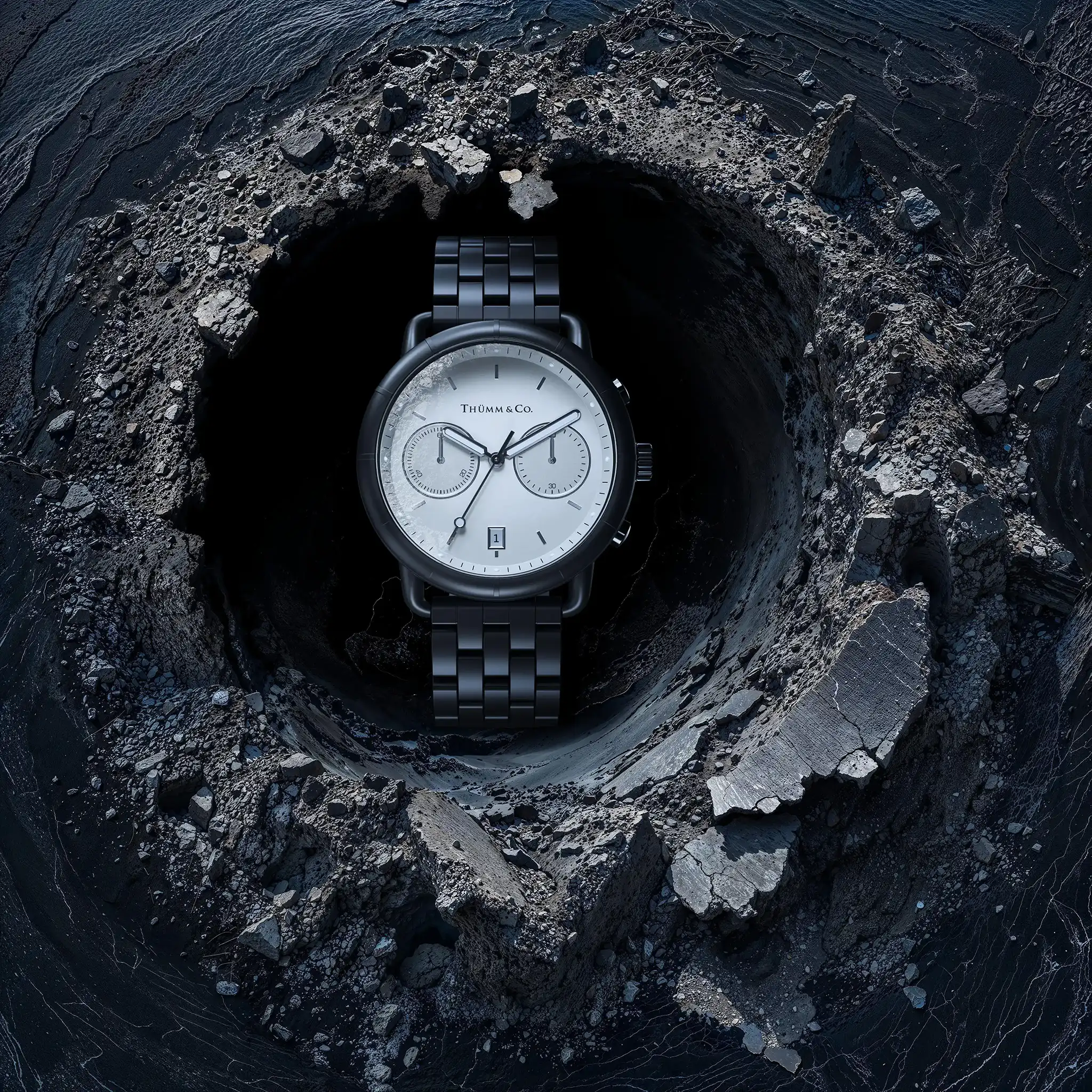 Photorealistic 3D product rendering of a Thümm & Co. luxury watch displayed in a dramatic crater setting.