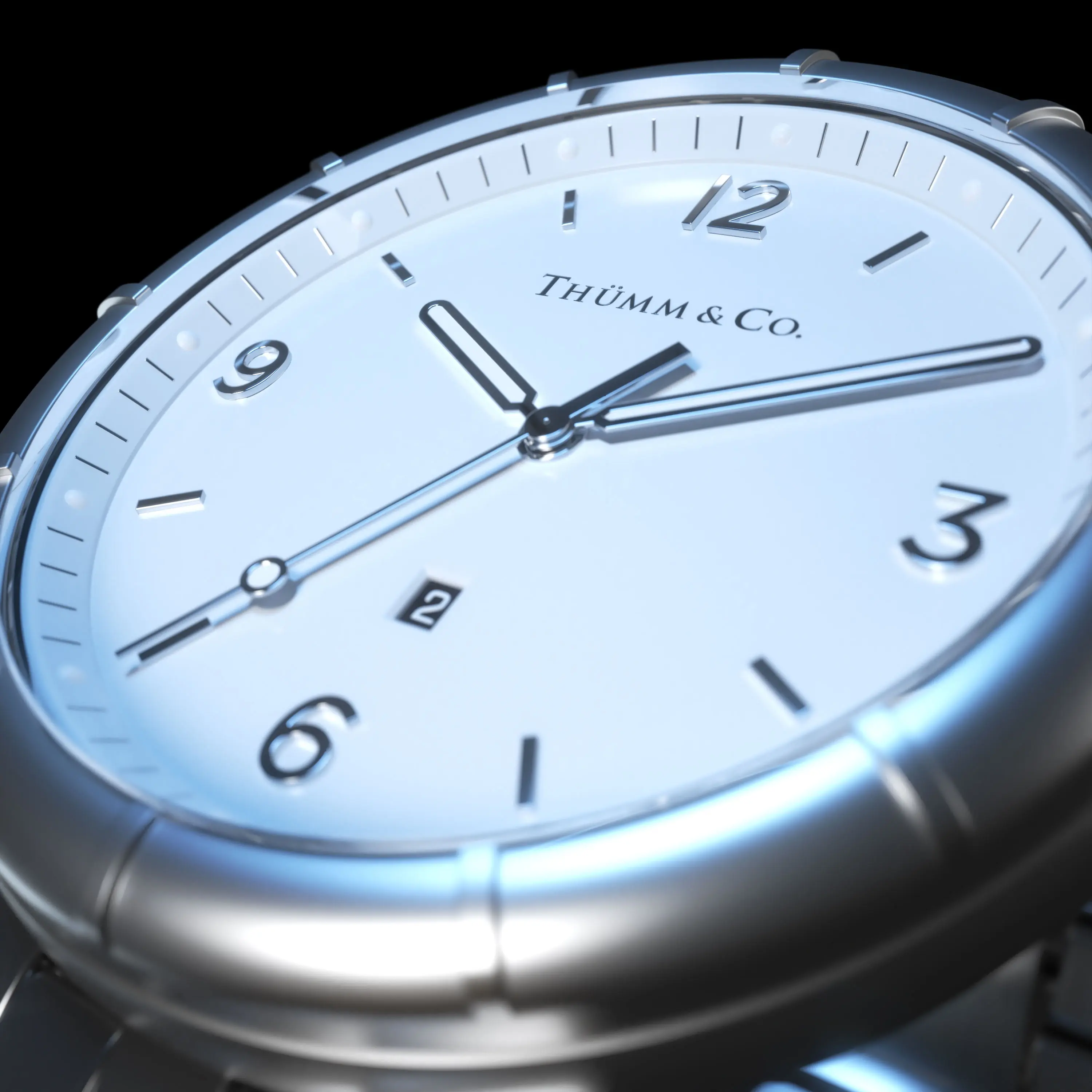 Photorealistic 3D rendering of a men's stainless steel wristwatch with a white dial and raised hour markers.