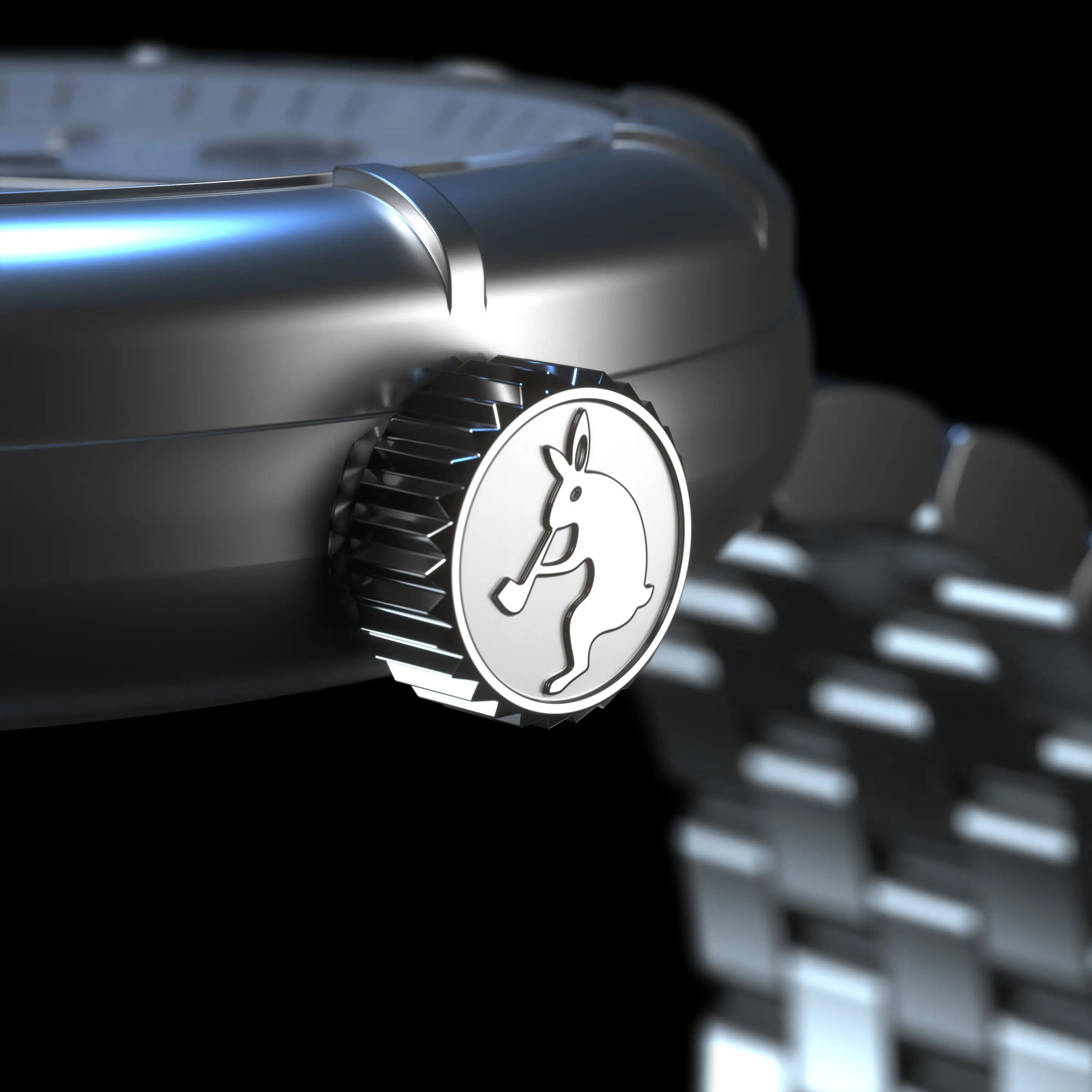 Detailed 3D product rendering of a men's watch crown featuring engraved logo and polished steel case.