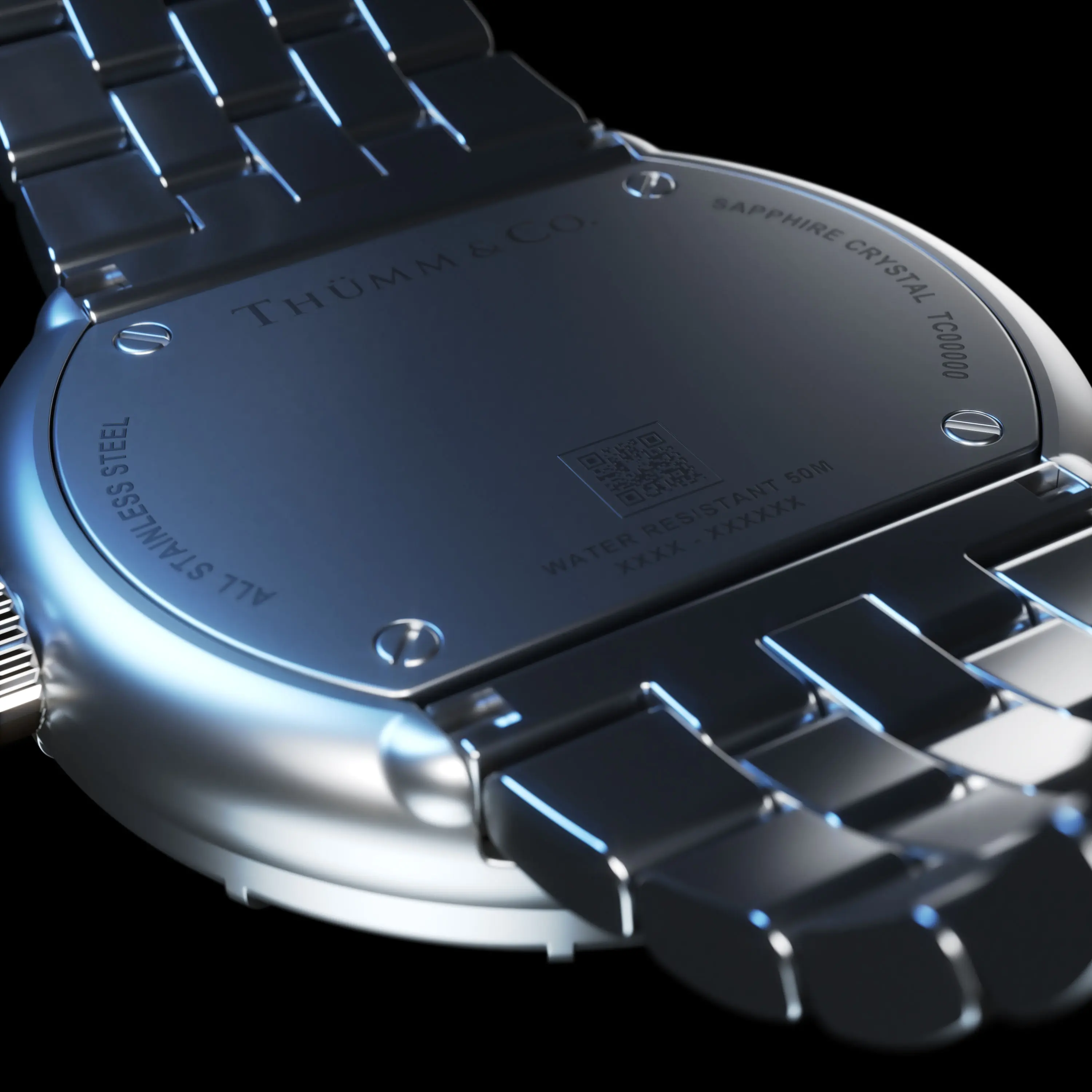 Close-up 3D rendering of a men's stainless steel watch case back with engraved branding and sapphire crystal label.