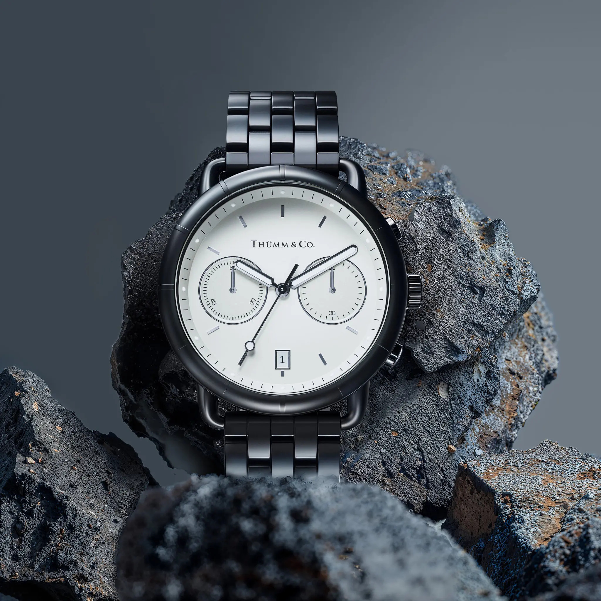 High-end 3D rendering of a Thümm & Co. wristwatch showcased on textured volcanic rocks.
