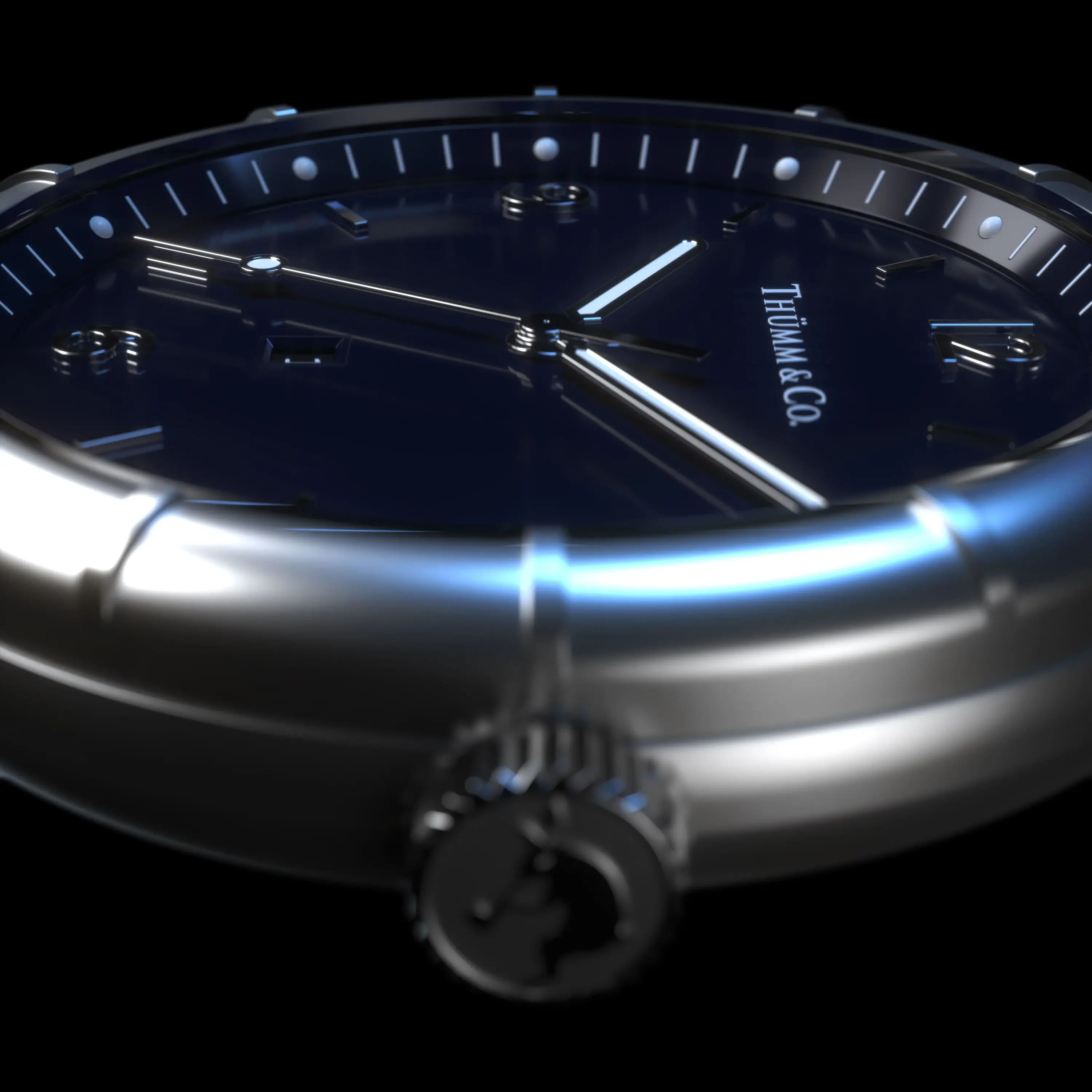 High-detail 3D product rendering of a luxury watch with a black dial, luminous hands, and polished stainless steel case.