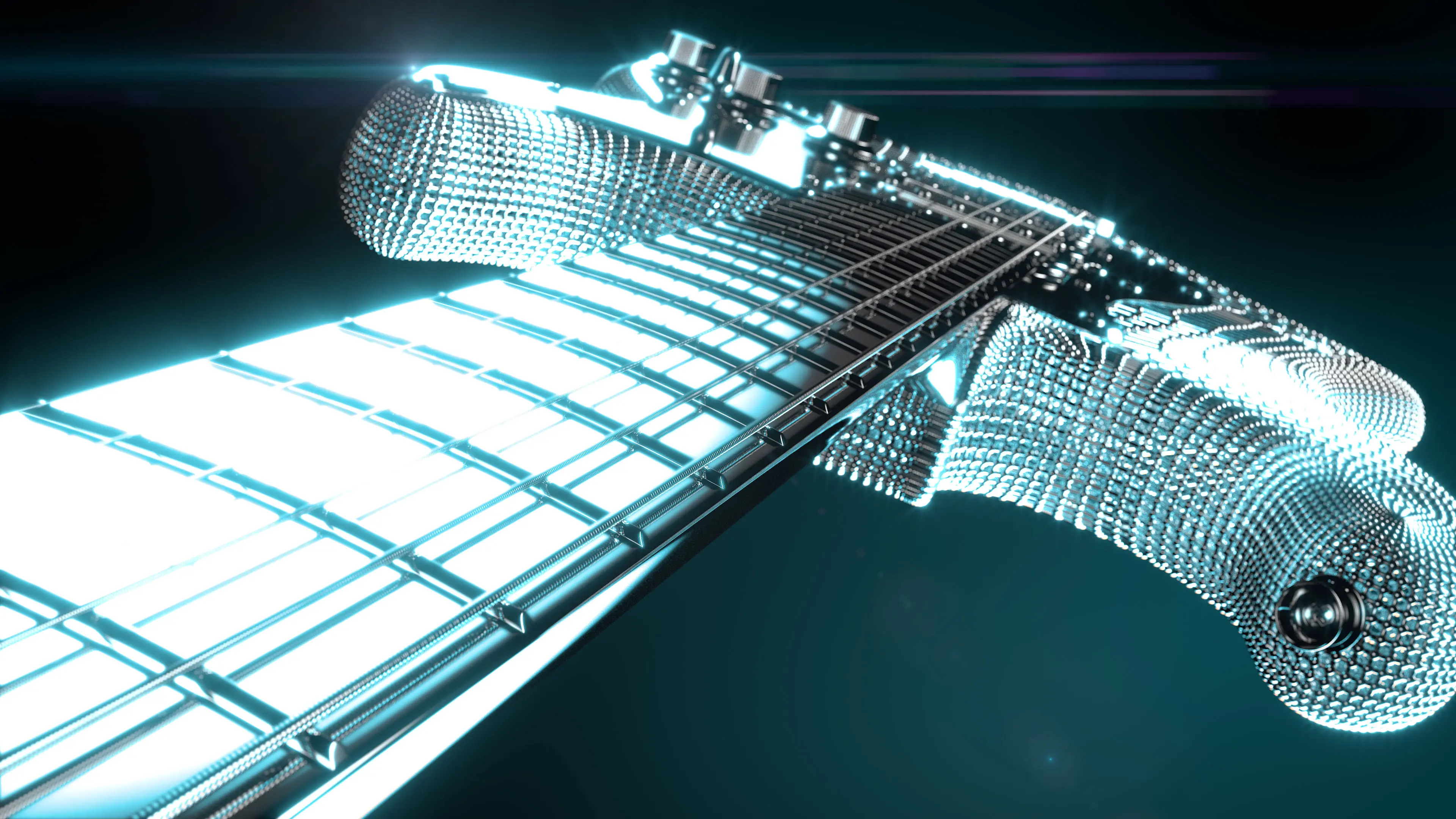 Stylized 3D product rendering of an electric guitar neck and headstock with glowing materials and metallic mesh detailing.
