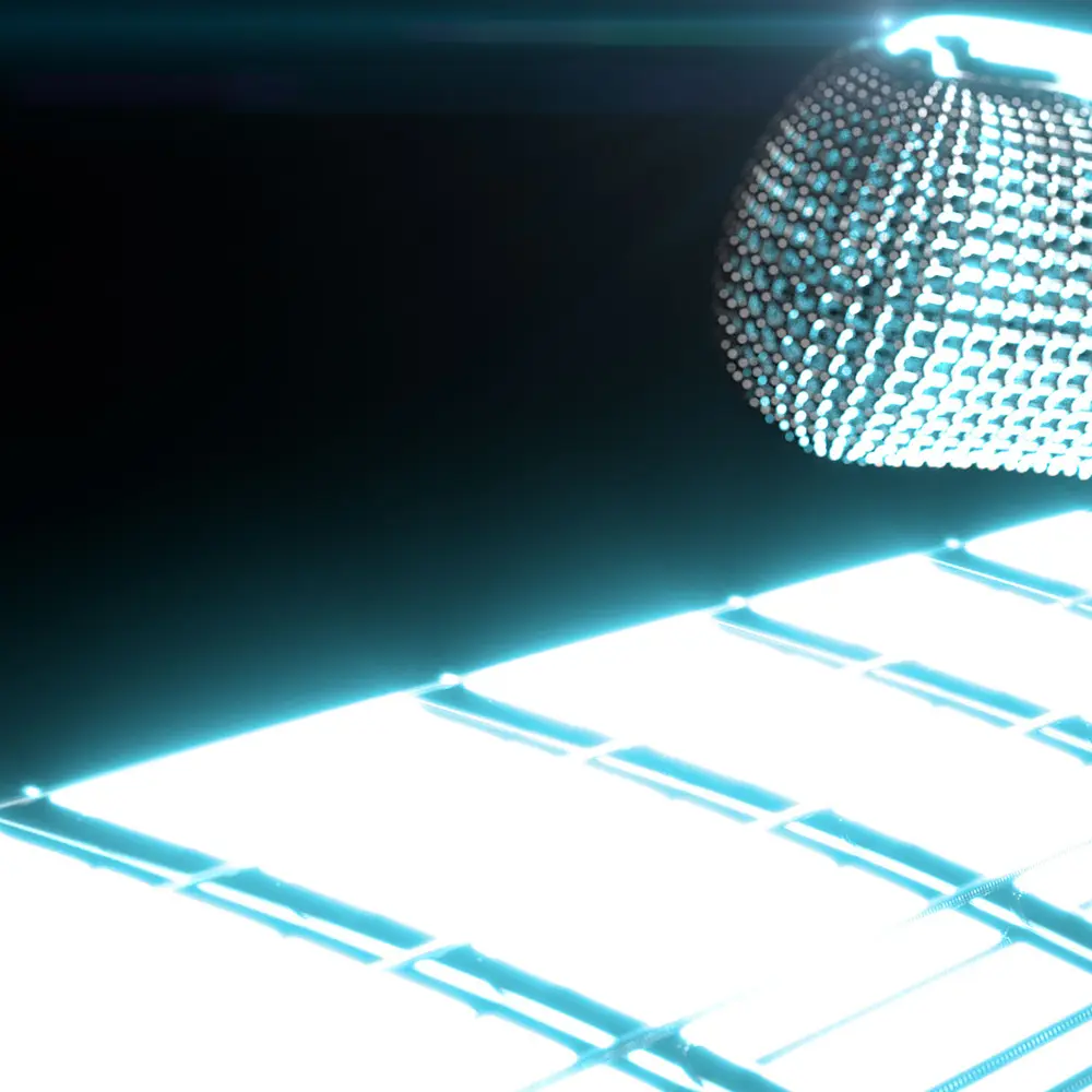 Stylized 3D product rendering of an electric guitar neck and headstock with glowing materials and metallic mesh detailing.