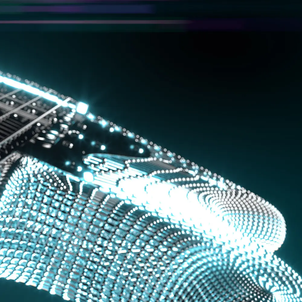 Stylized 3D product rendering of an electric guitar neck and headstock with glowing materials and metallic mesh detailing.