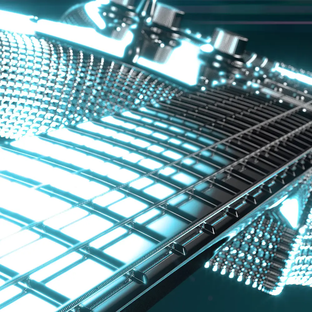 Stylized 3D product rendering of an electric guitar neck and headstock with glowing materials and metallic mesh detailing.