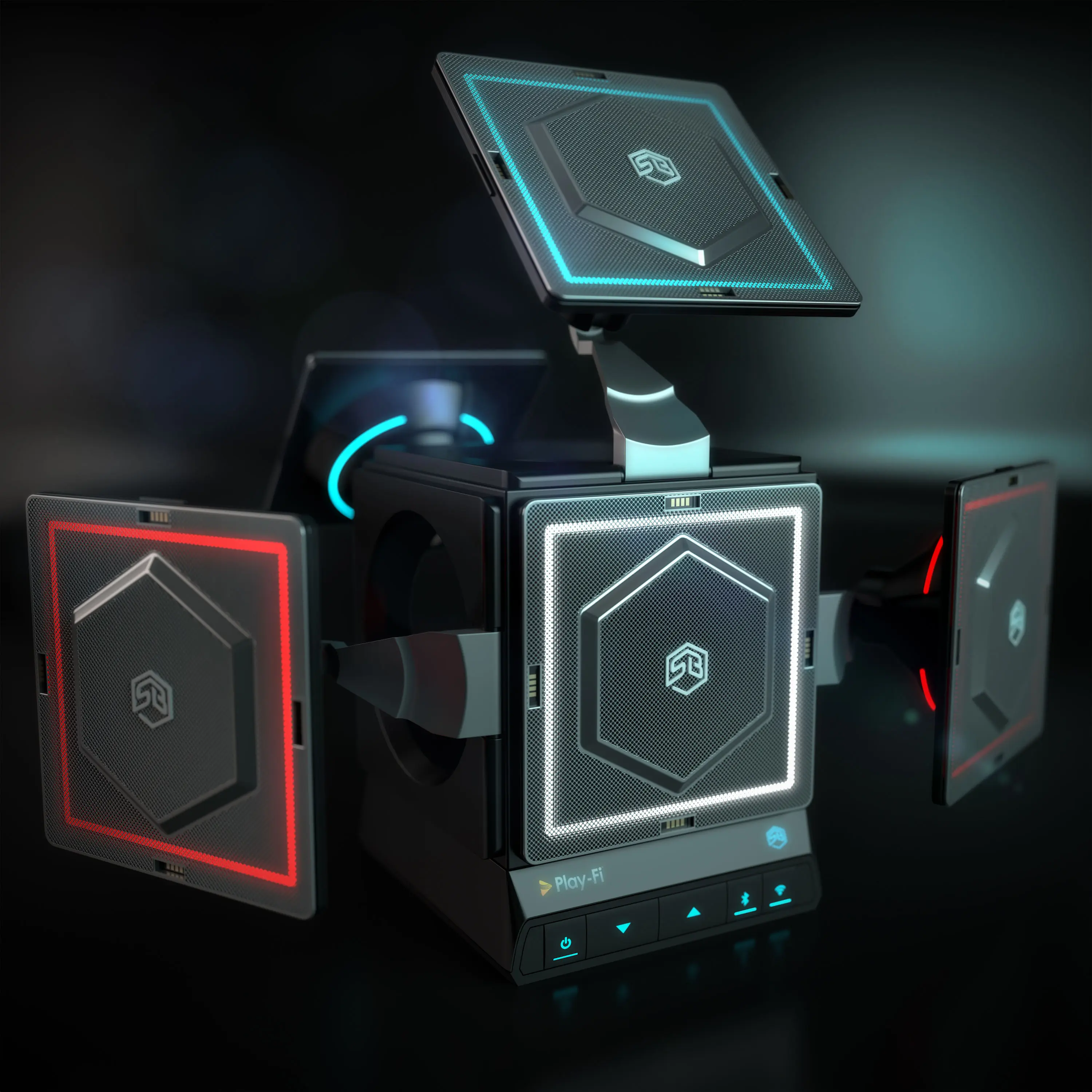 Futuristic 3D product render of a modular speaker system with illuminated panels, touch controls, and a sleek black finish.