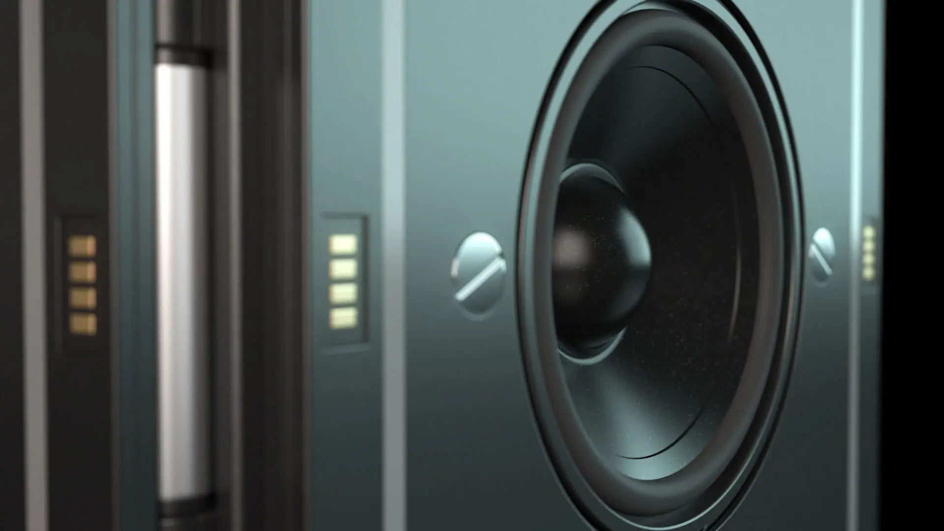 Close-up 3D rendering of a modular speaker component, showcasing precision detailing and sleek industrial design.
