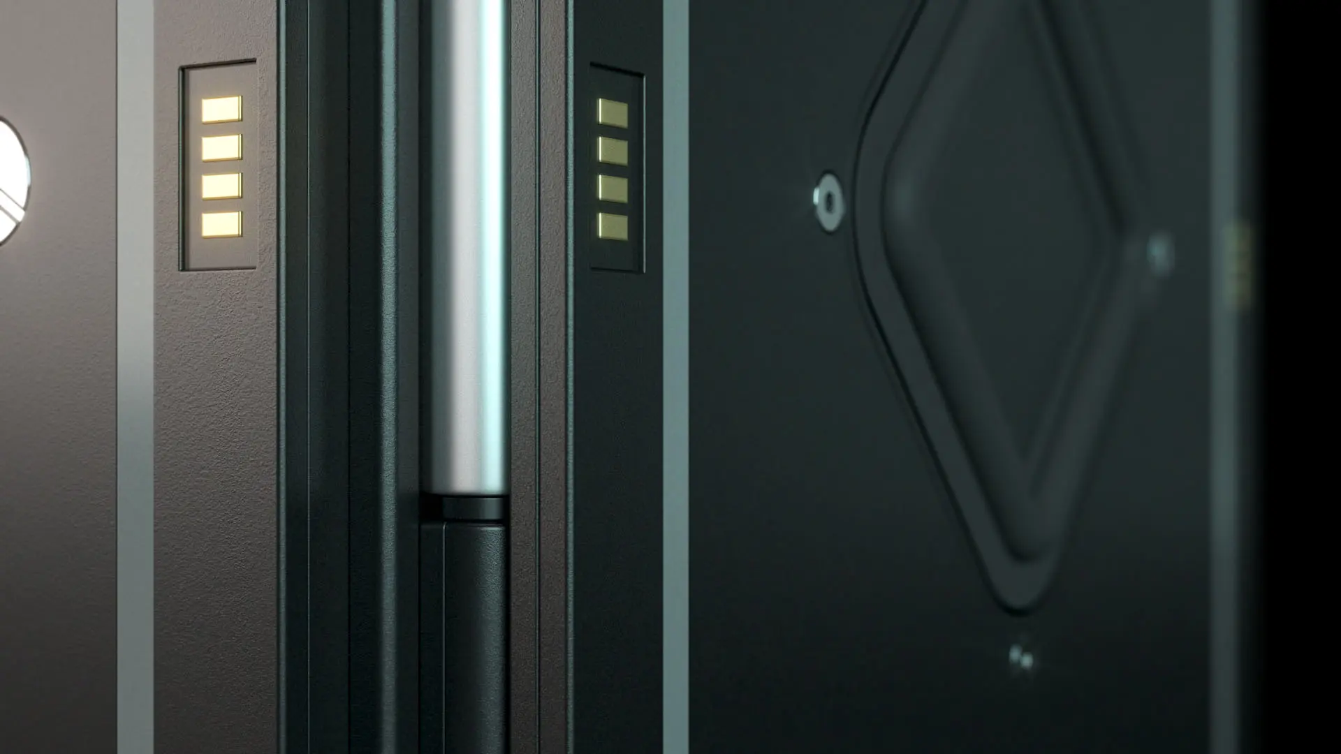 Close-up 3D rendering of modular speaker panel design, showcasing connection interfaces and surface detailing.
