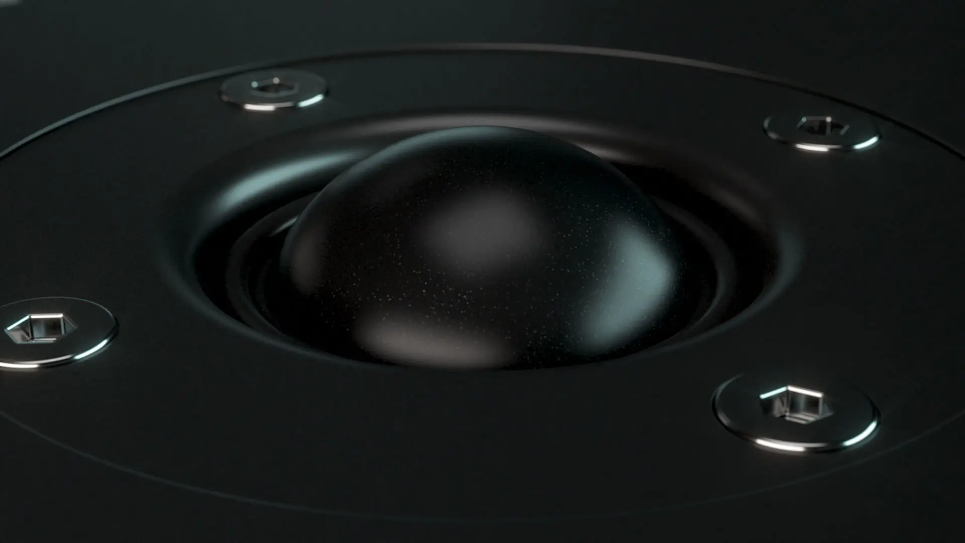 Macro 3D product rendering of a speaker tweeter component, emphasizing material texture and precision detailing.