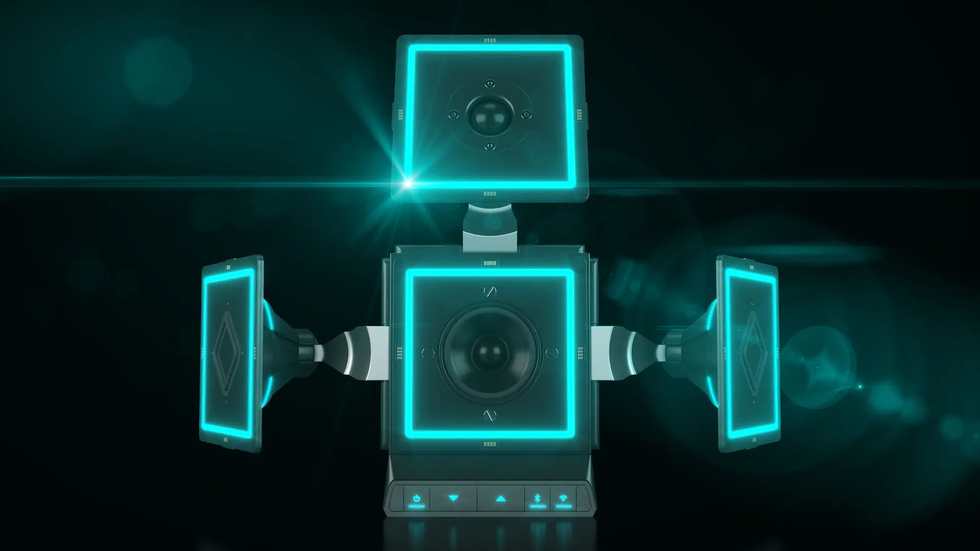 Front-facing 3D rendering of modular speaker unit with illuminated edge-lit panels and futuristic controls.