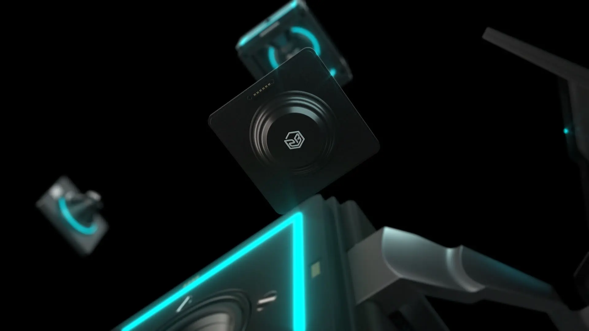 Dynamic 3D rendering of modular speaker component mid-assembly, showcasing futuristic audio technology.